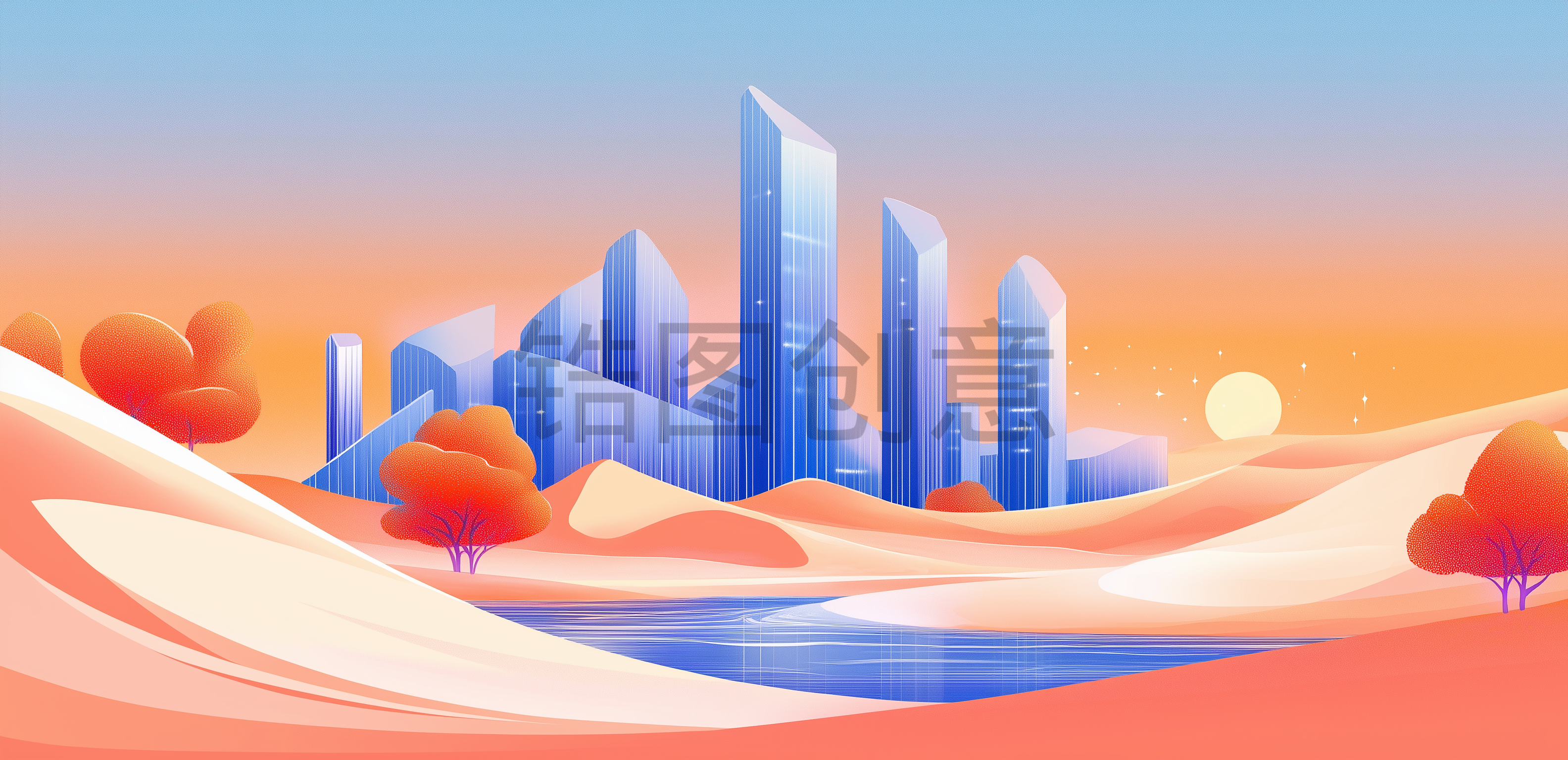 定设网-炫彩城市建筑风景插画背景