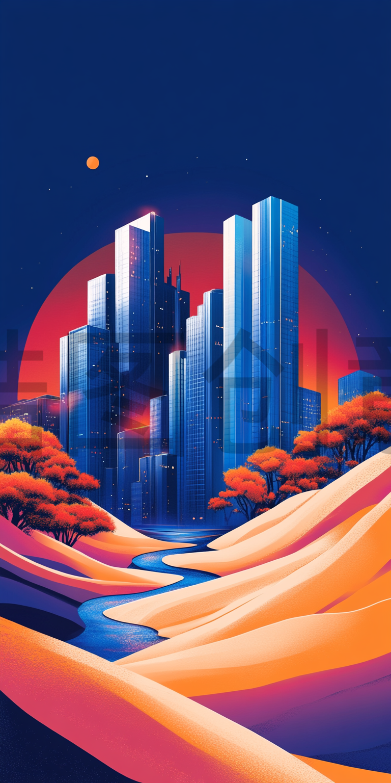 定设网-炫彩夜晚城市建筑风景插画背景