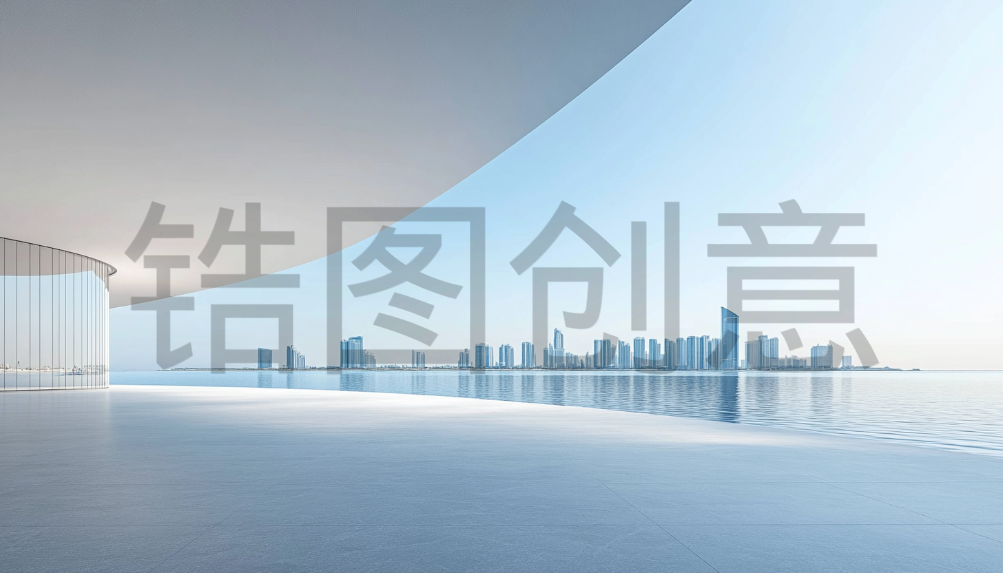 定设网-建筑系列蓝色大气海边城市建筑空间简约空间感渐变背景