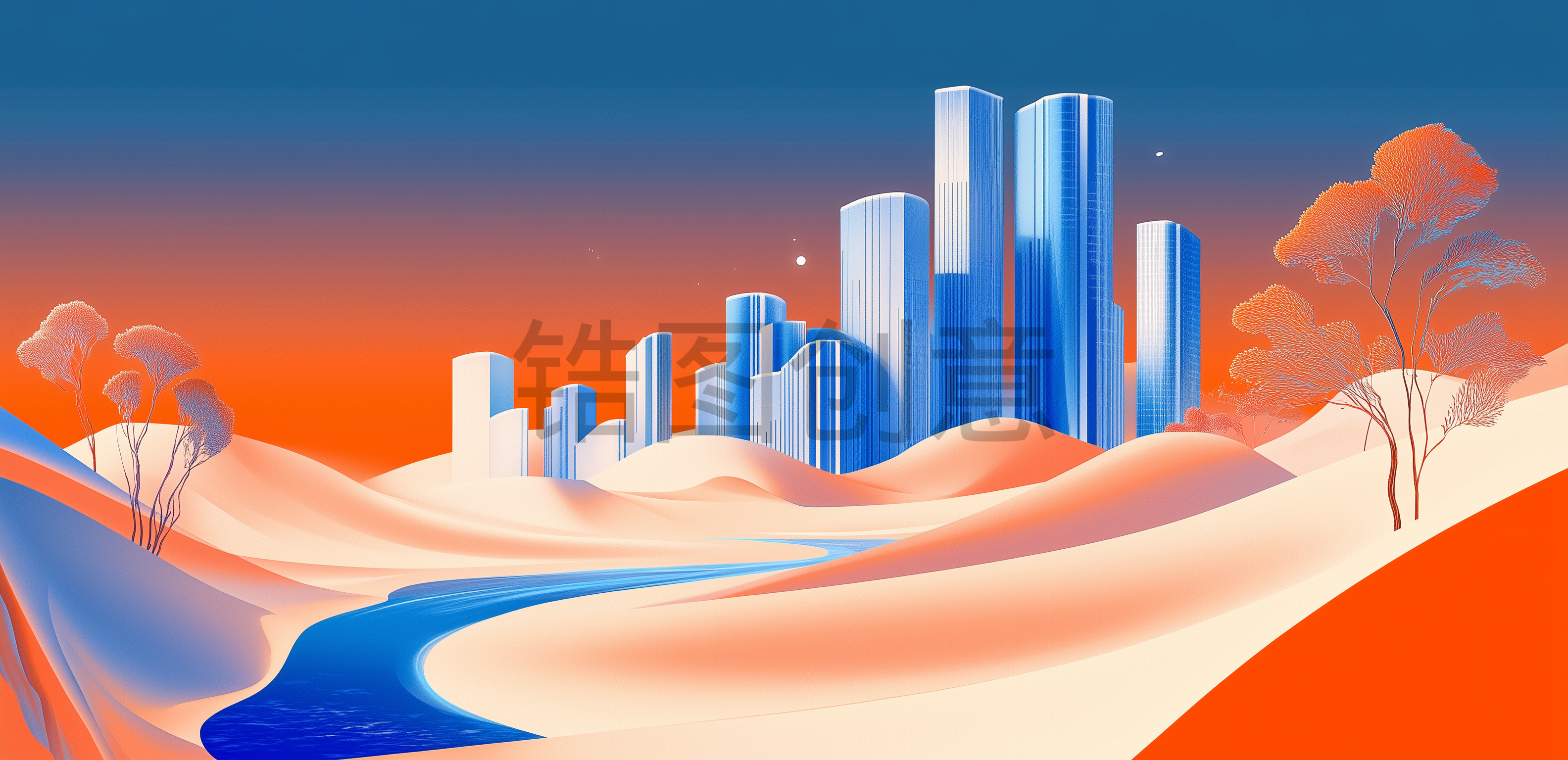 定设网-城市建筑河流风景插画背景