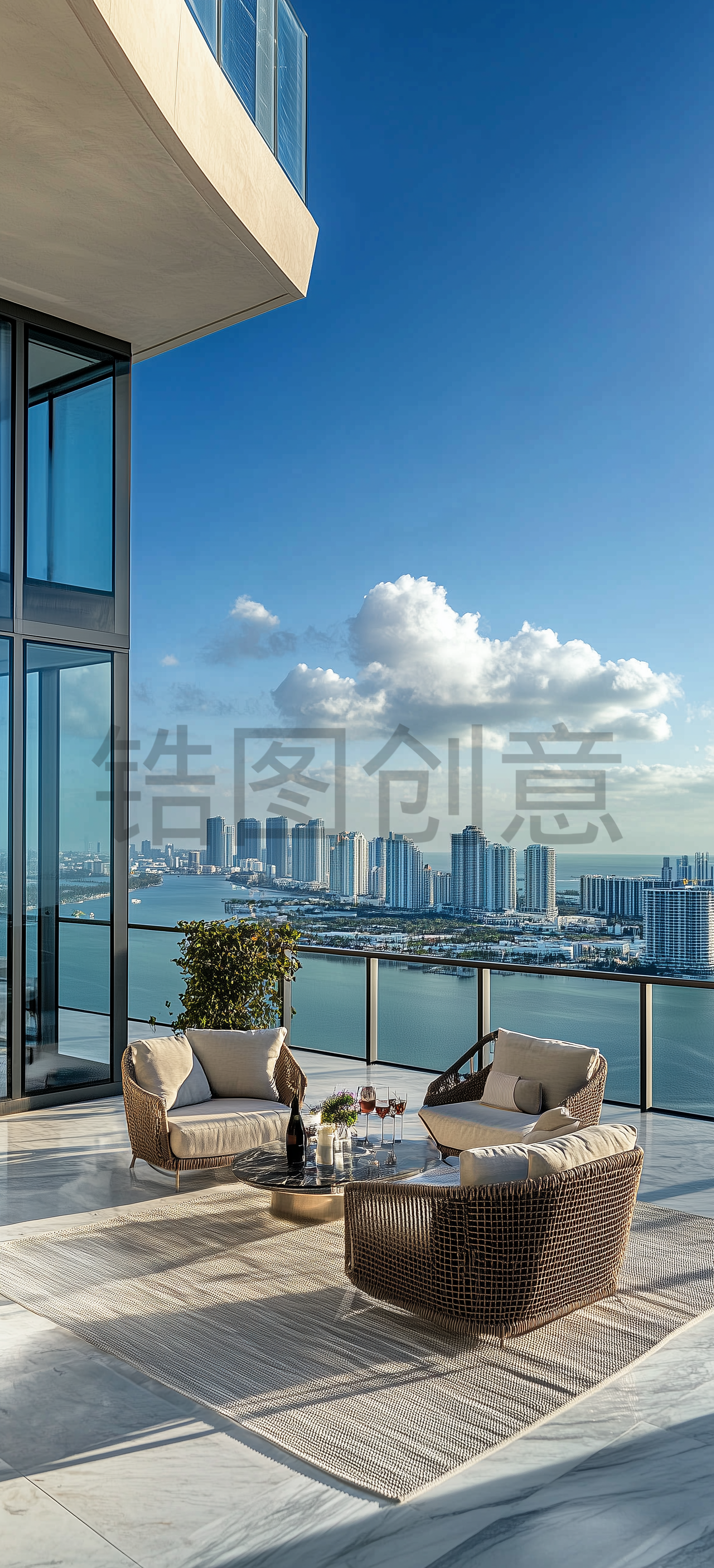 定设网-海景房现代风格豪宅露台大阳台白天写实场景