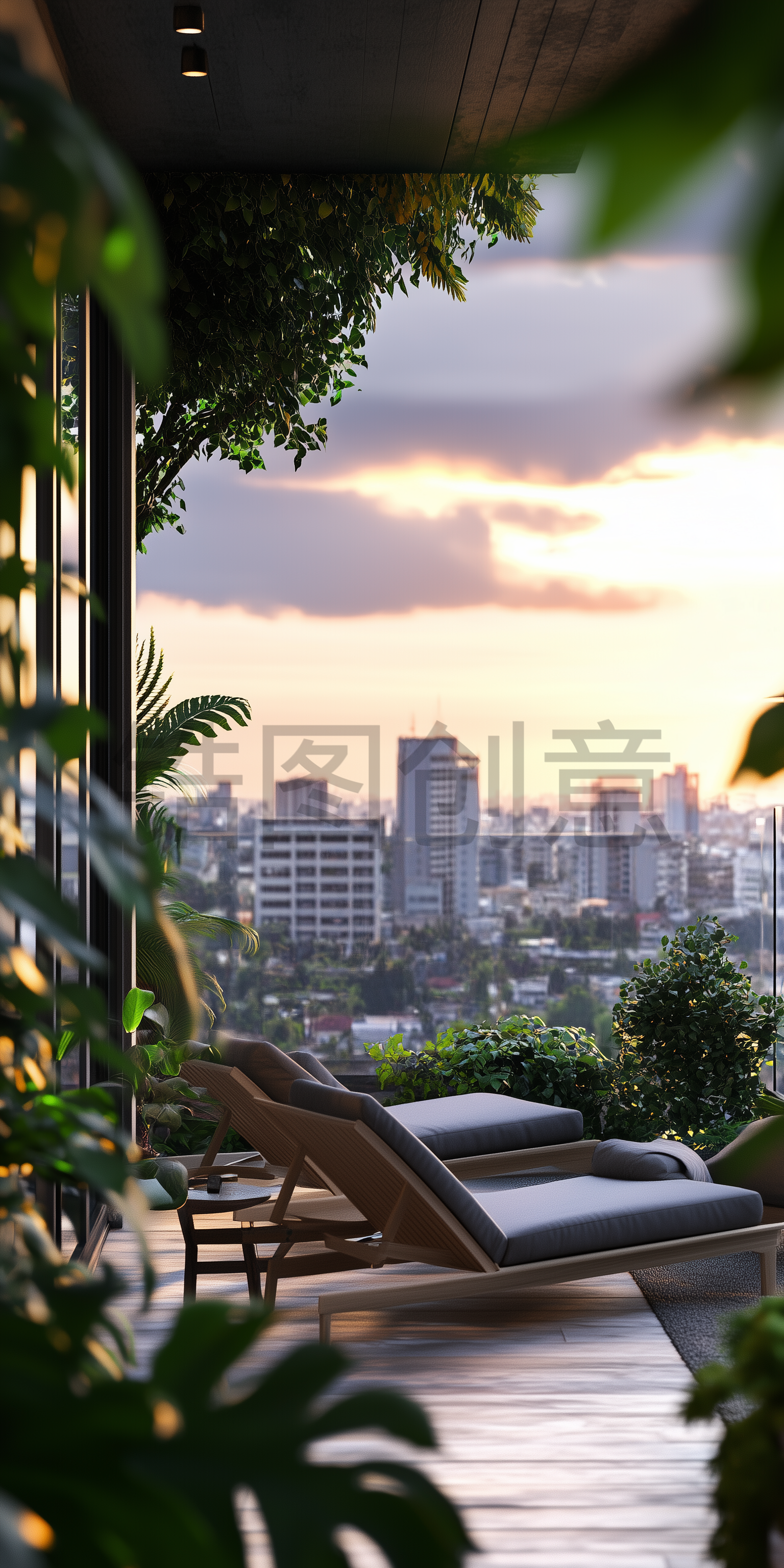 定设网-现代风格公寓露台大阳台城市风光写实场景