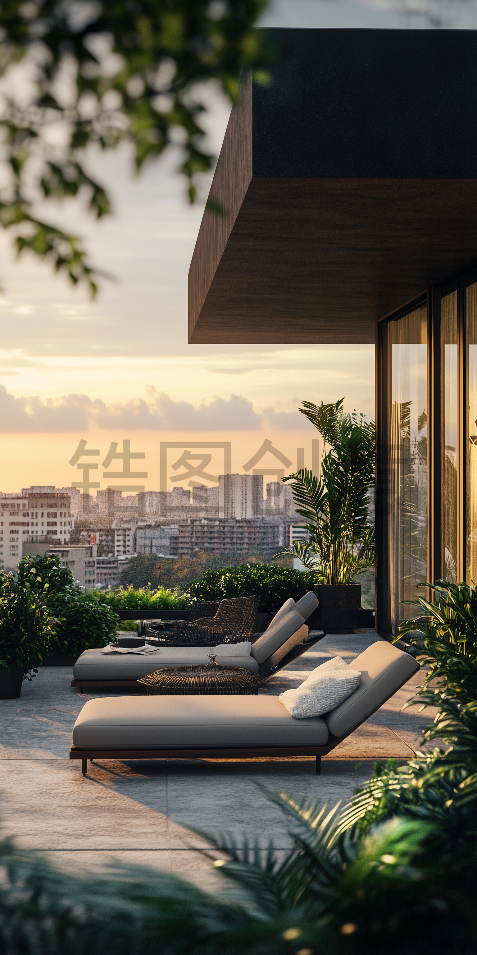 定设网-现代风格公寓露台大阳台城市风光写实场景