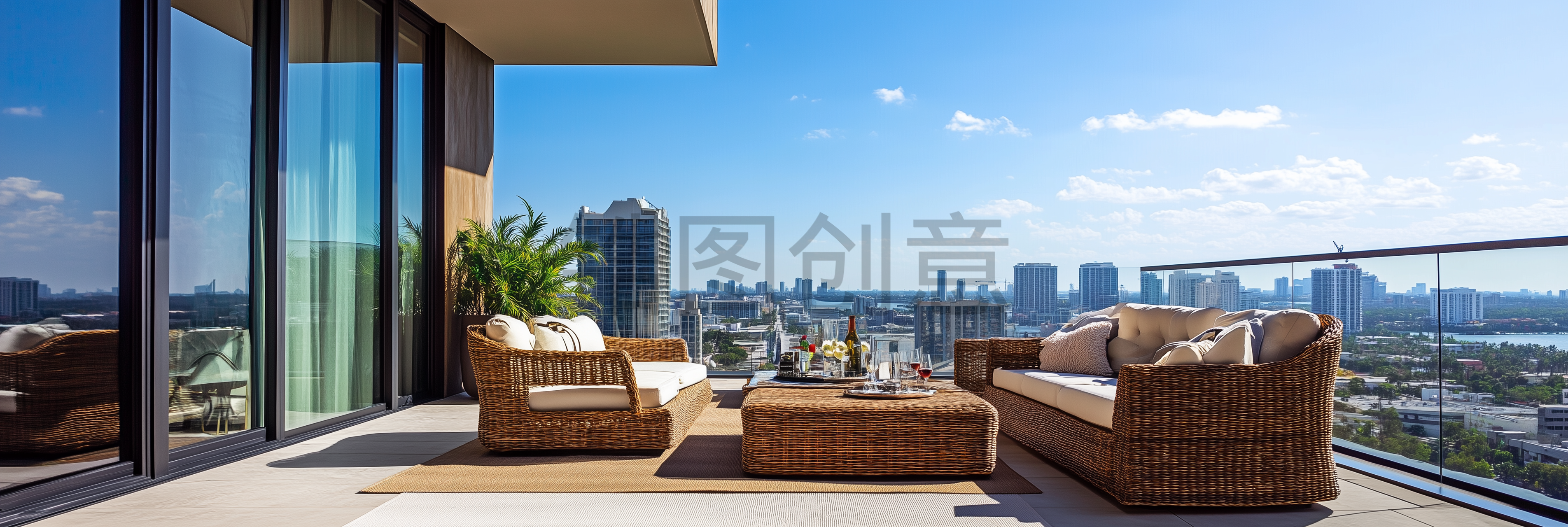 定设网-现代风格公寓露台大阳台城市风光写实场景