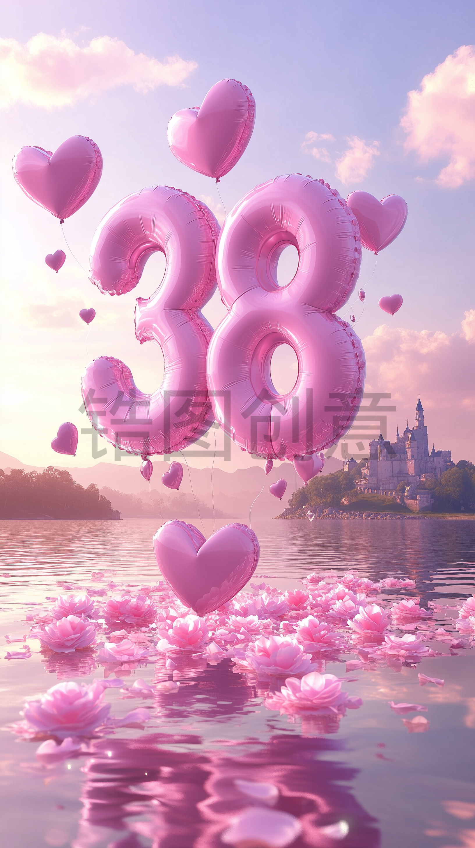定设网-3D粉色数字38浪漫风格妇女节女神节柔和色调电商产品搭建场景背景