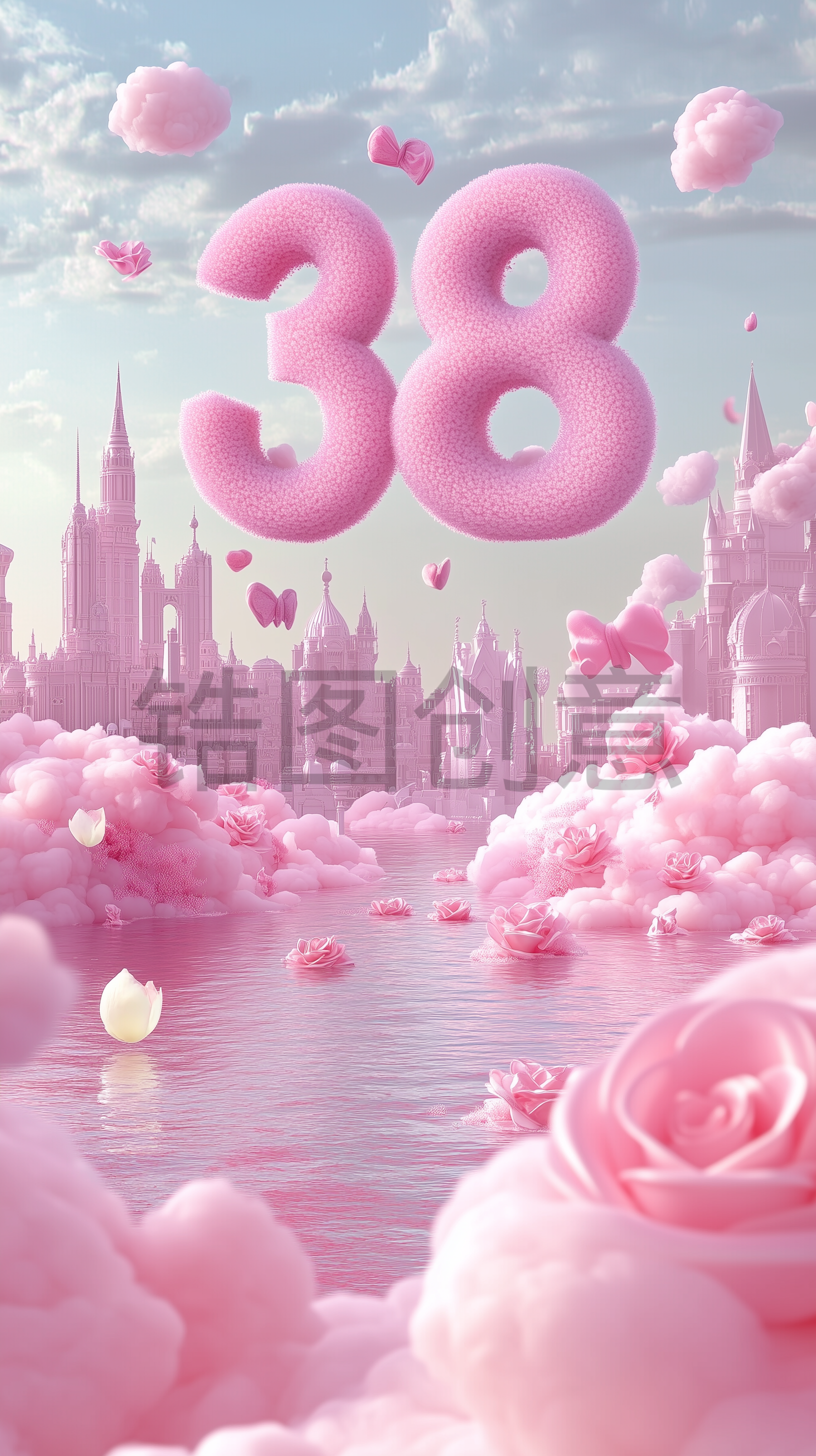 定设网-3D粉色数字38浪漫风格妇女节女神节柔和色调电商产品搭建场景背景