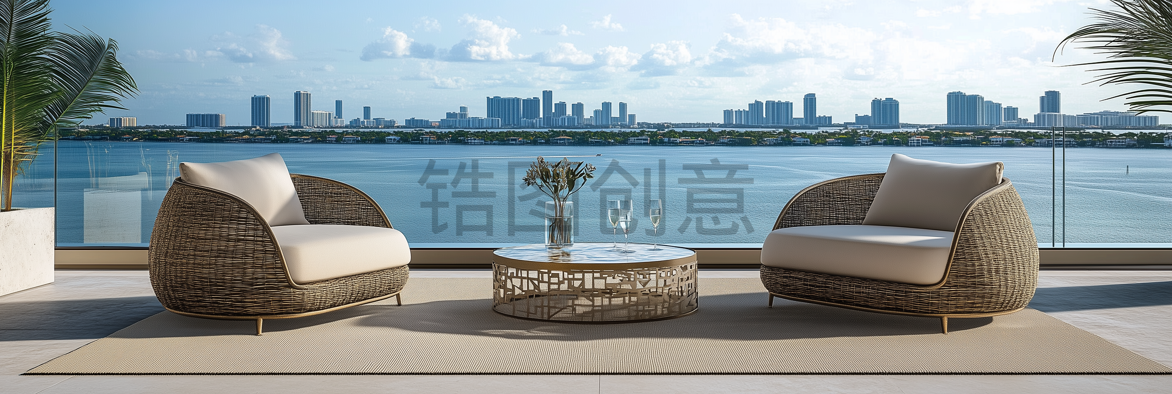 定设网-海景房现代风格公寓露台大阳台白天写实场景