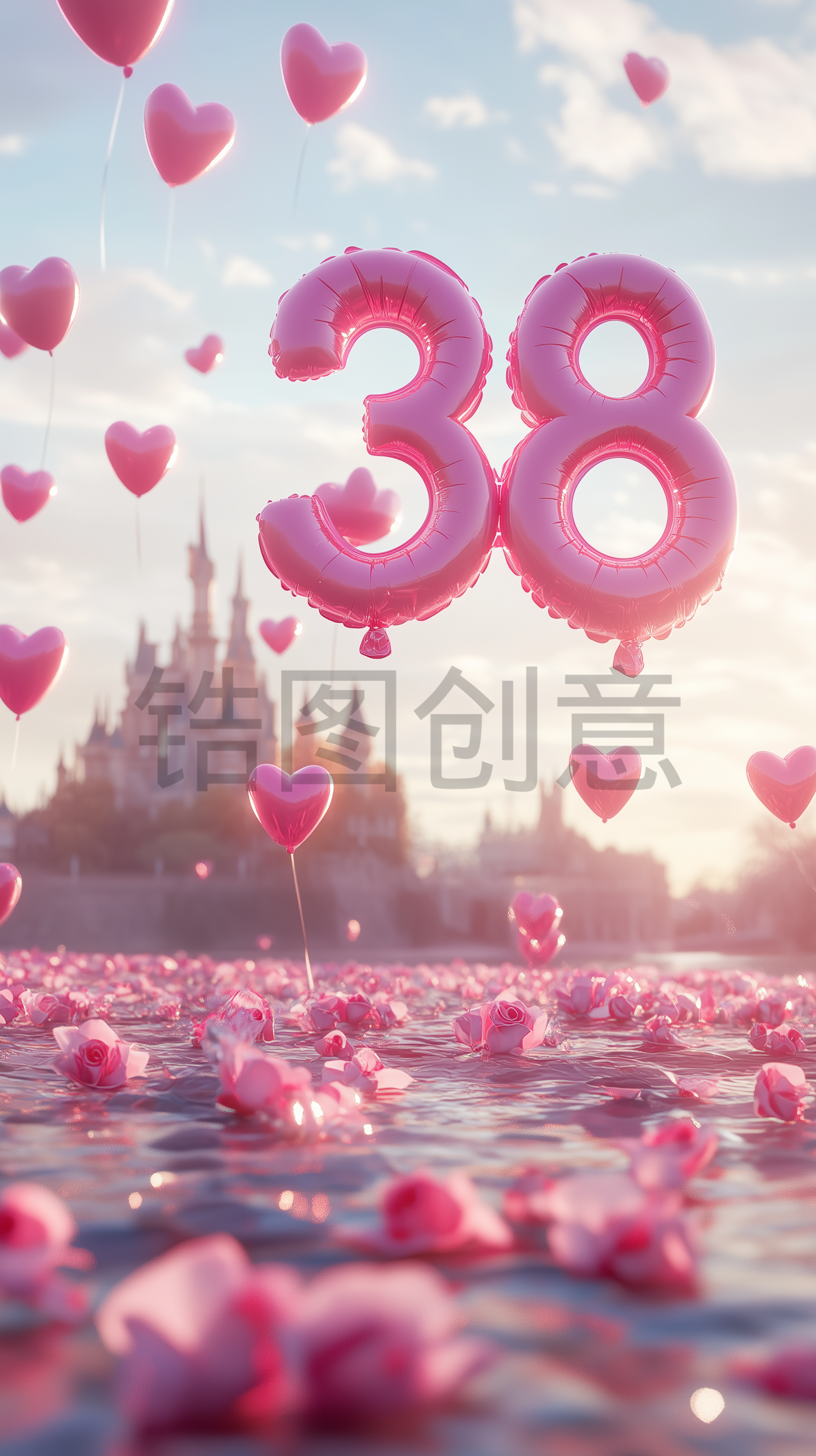 定设网-3D粉色数字38浪漫风格妇女节女神节柔和色调电商产品搭建场景背景