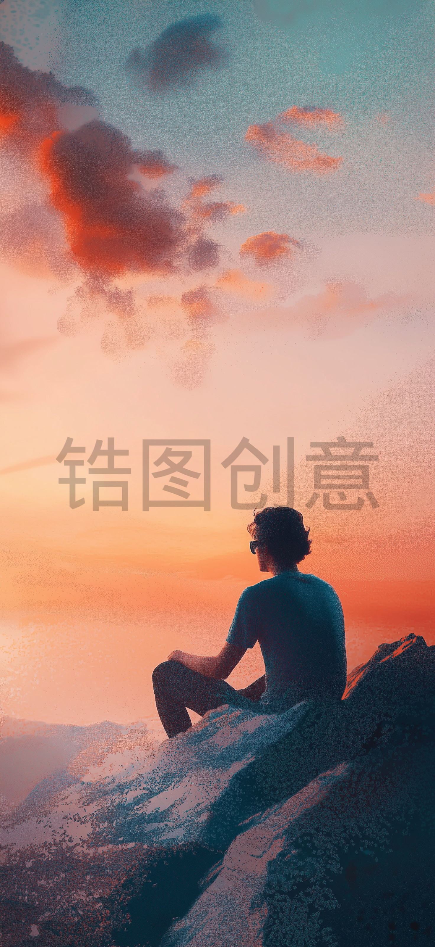 定设网-数字艺术男人看日落日出自然风光艺术磨砂素材