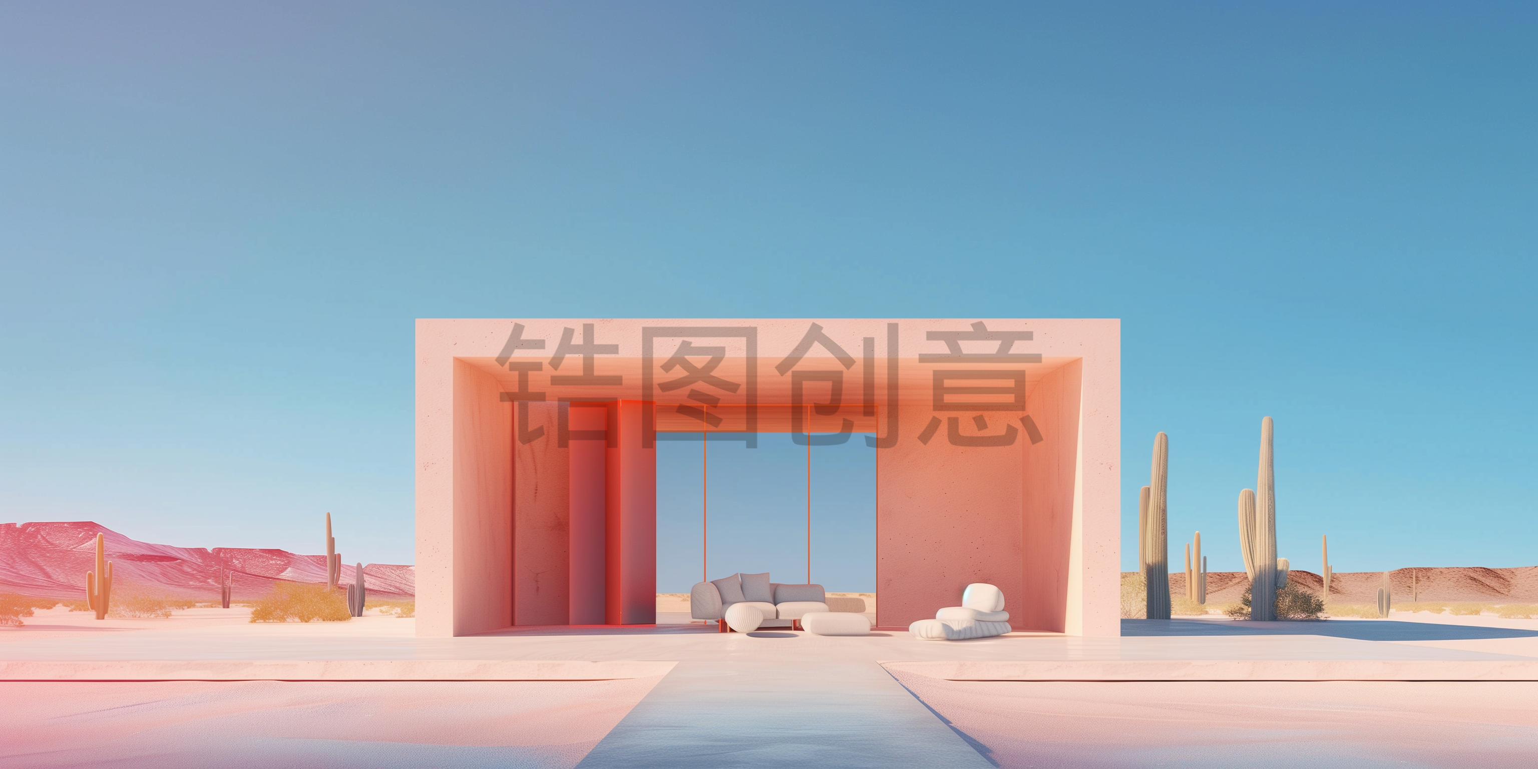 自然风光系列沙漠中房子极简创意背景