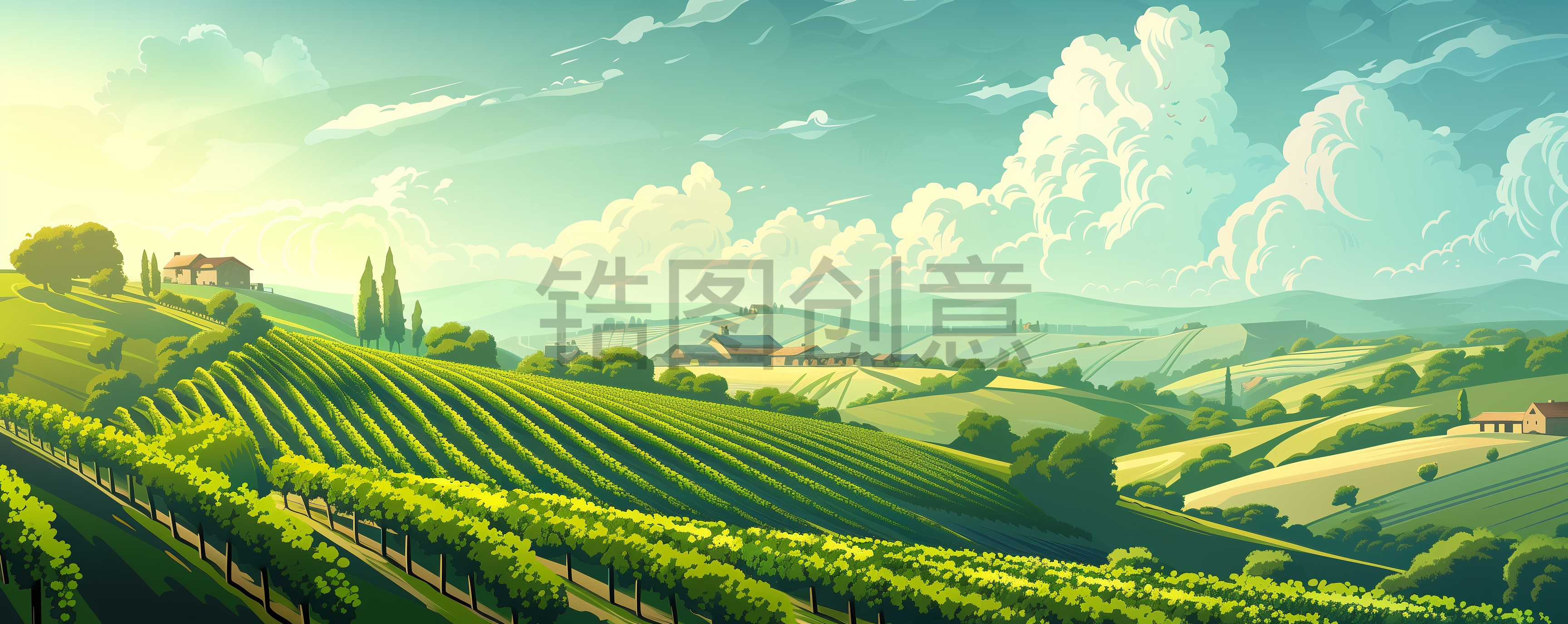 定设网-梯田风景插画乡村振兴背景素材