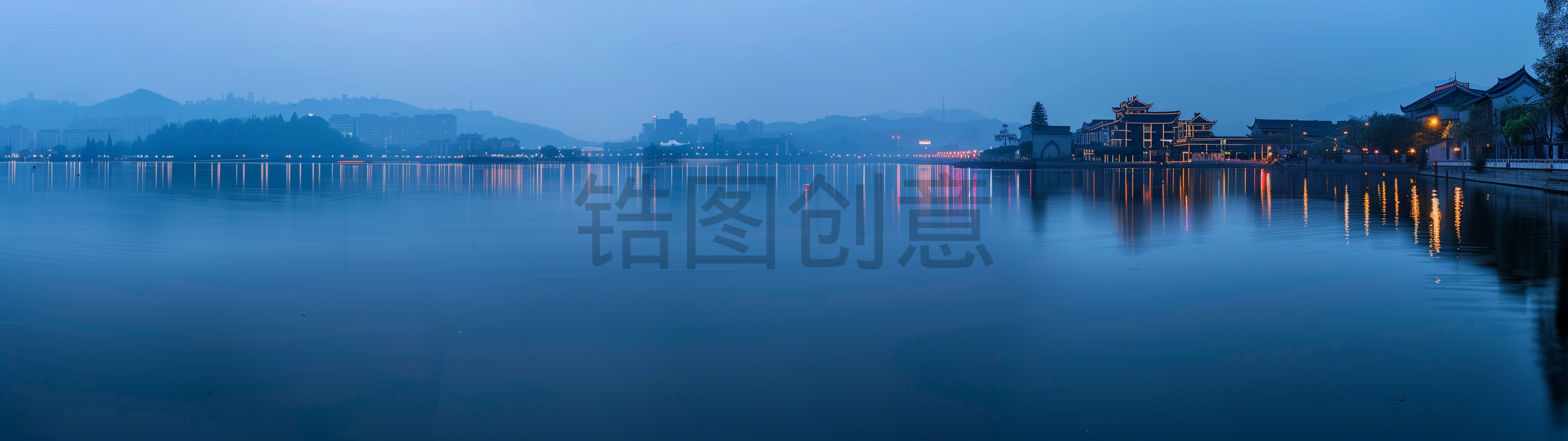 定设网-数字艺术城市系列城市湖边夜景风光写实背景