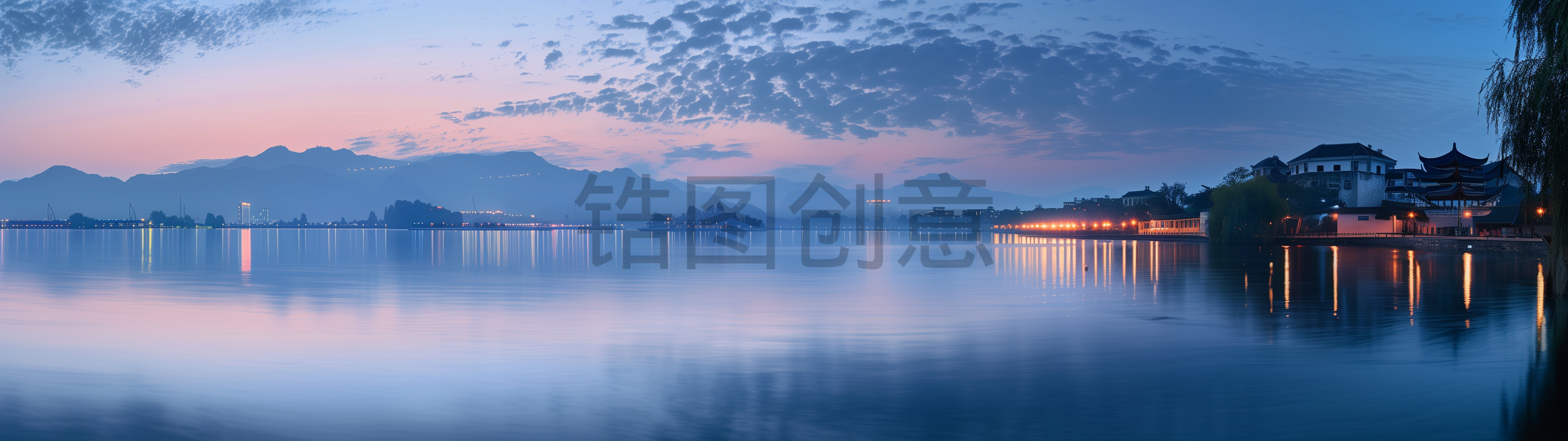 定设网-数字艺术城市系列城市湖边夜景风光写实背景