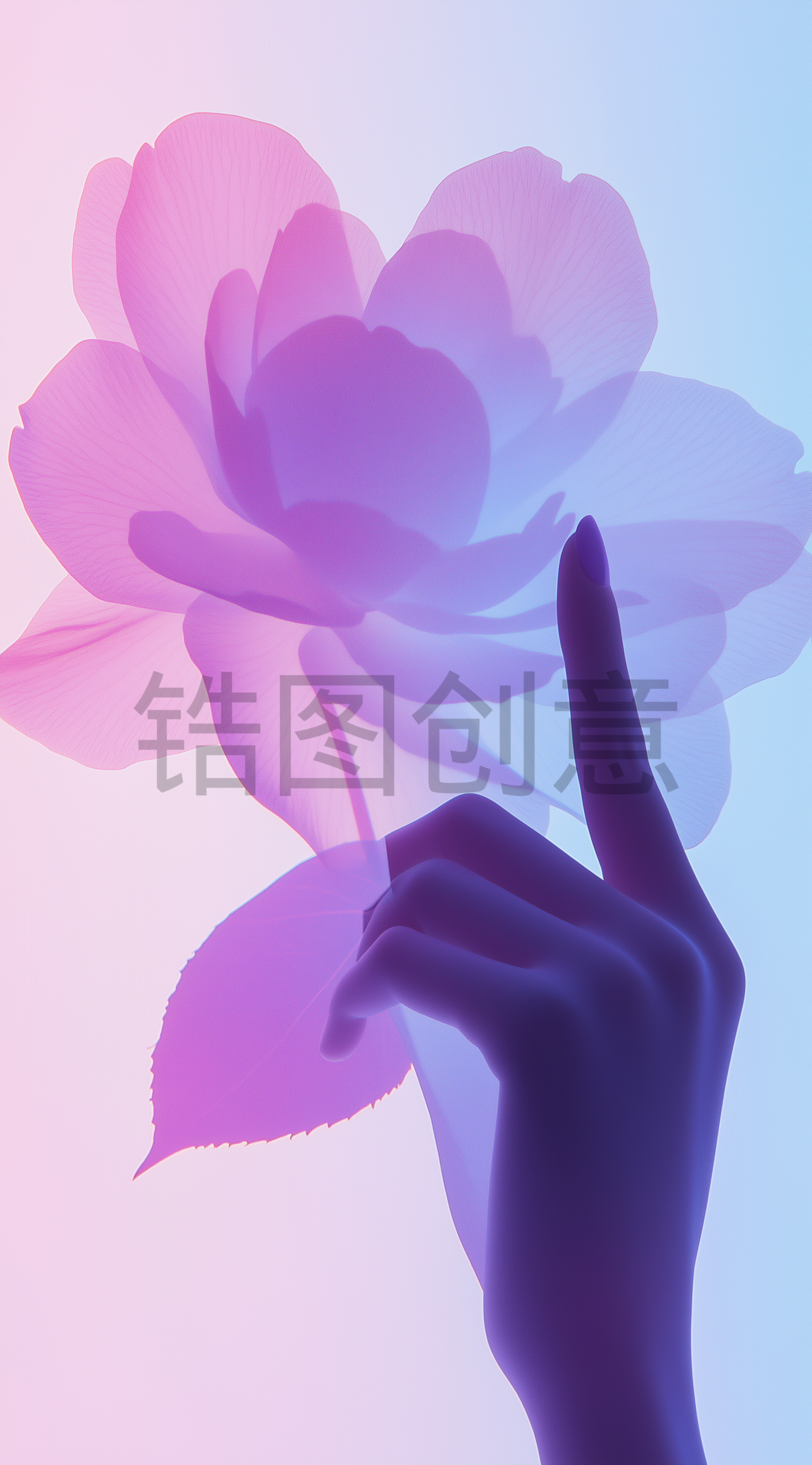 定设网-粉色蓝色渐变手与花艺术背景