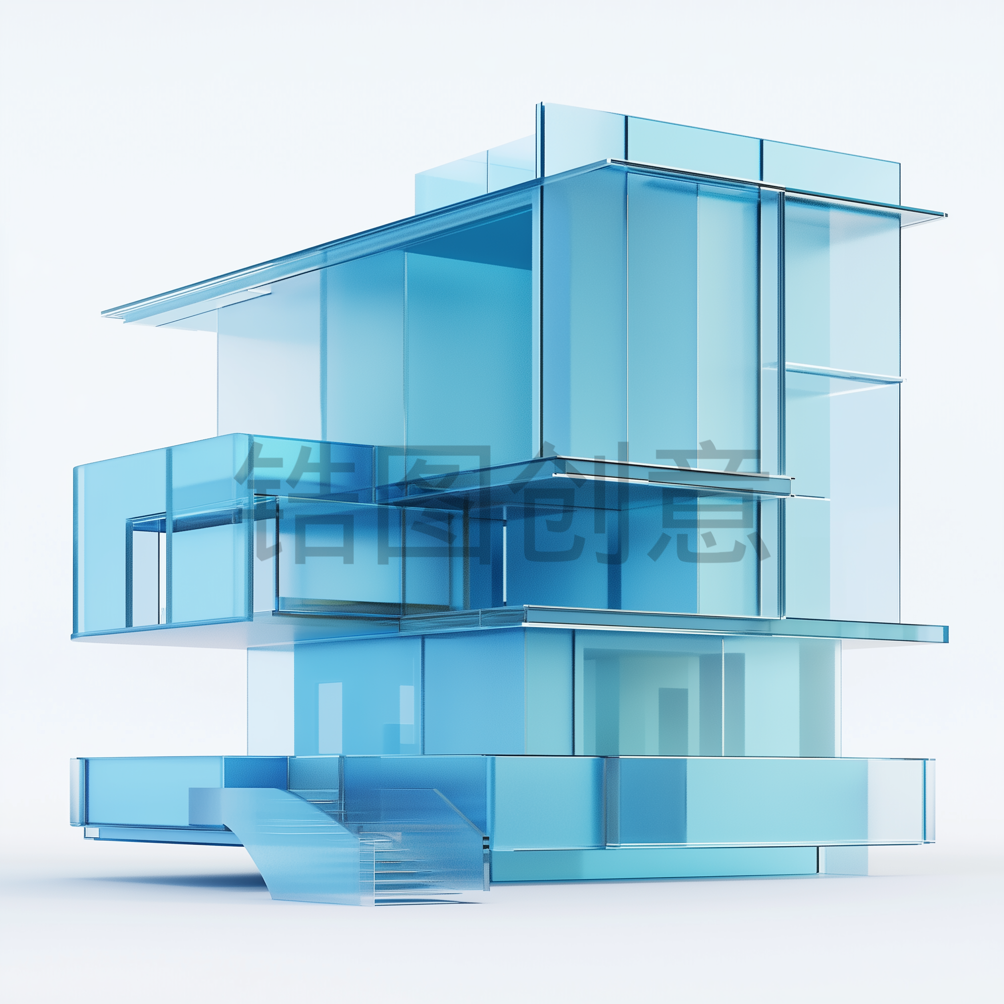 定设网-3d立体蓝色建筑写字楼办公楼模型元素