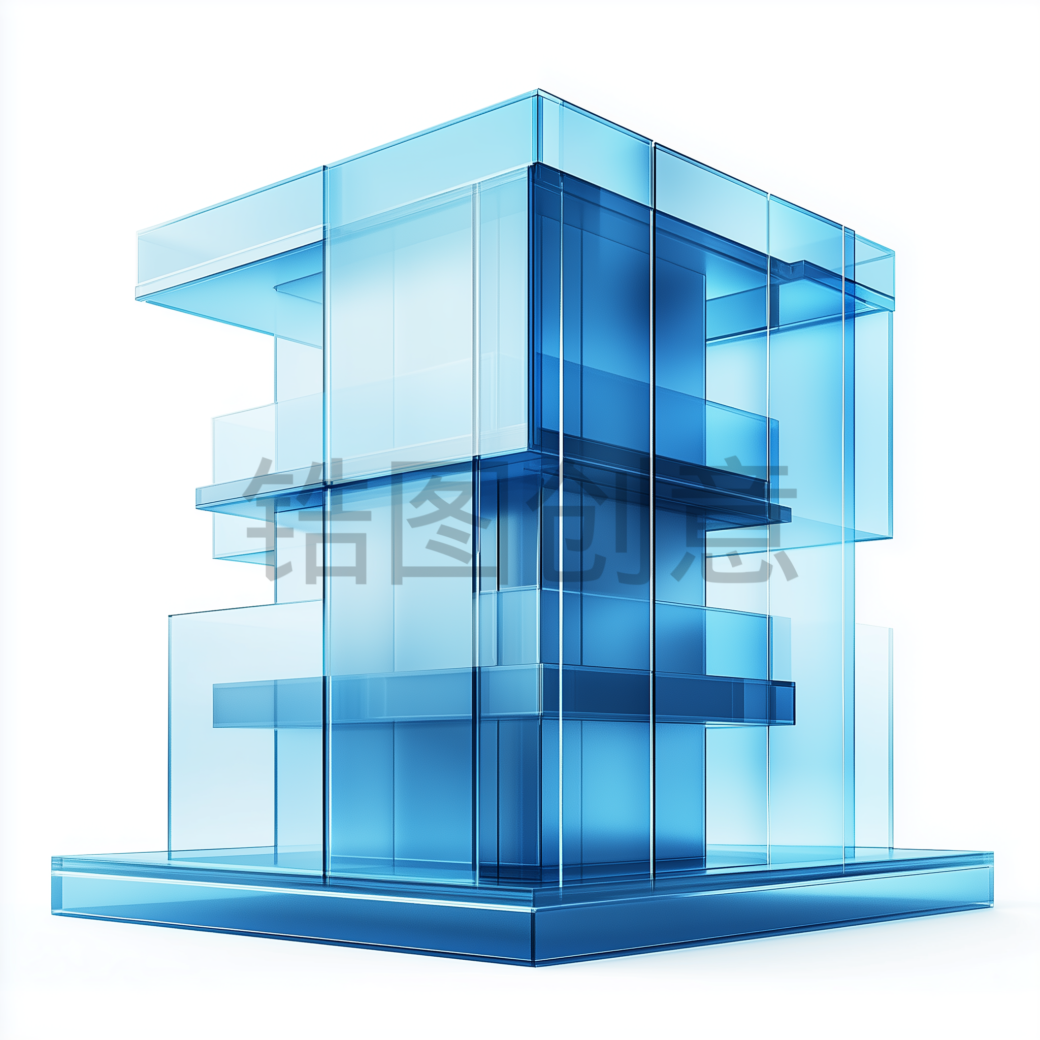 定设网-3d立体蓝色建筑写字楼办公楼模型元素