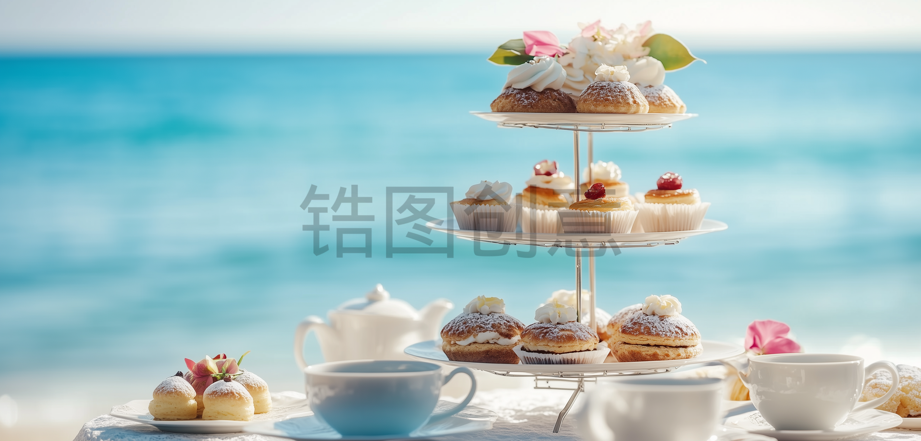 定设网-海边点心甜品野餐下午茶背景素材