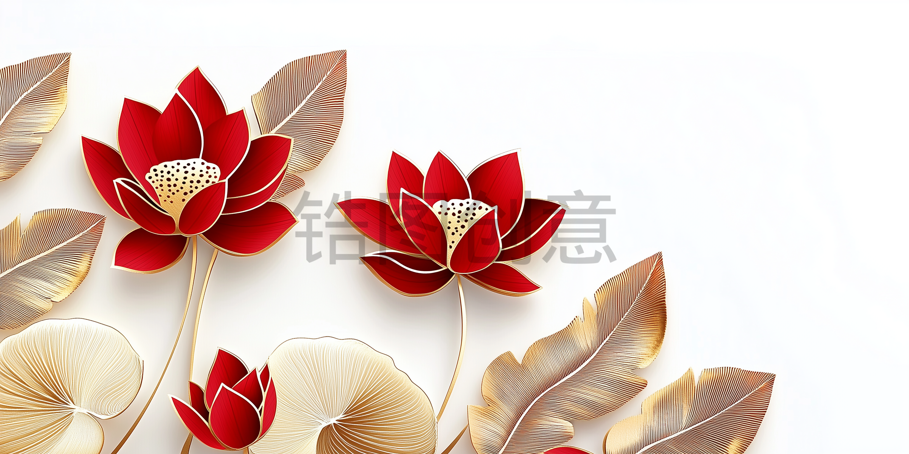 定设网-红色金色莲花叶金属质感艺术风格