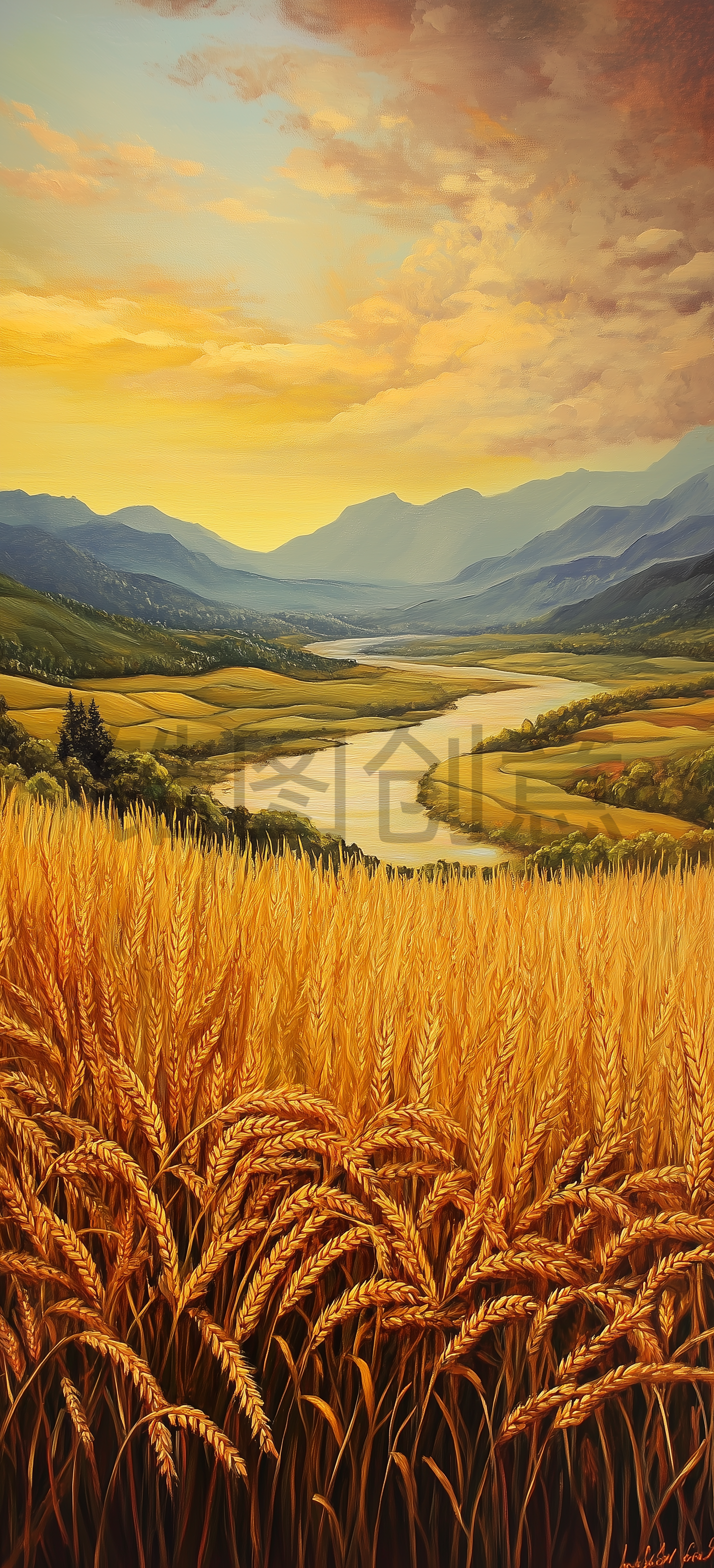 定设网-秋天麦田麦穗自然风景油画水彩背景