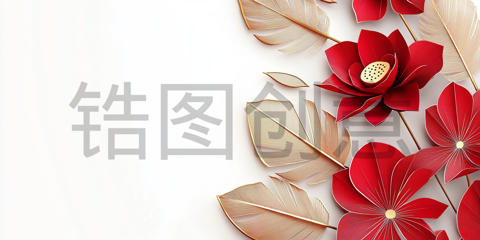 定设网-红色金色莲花叶剪纸艺术风格
