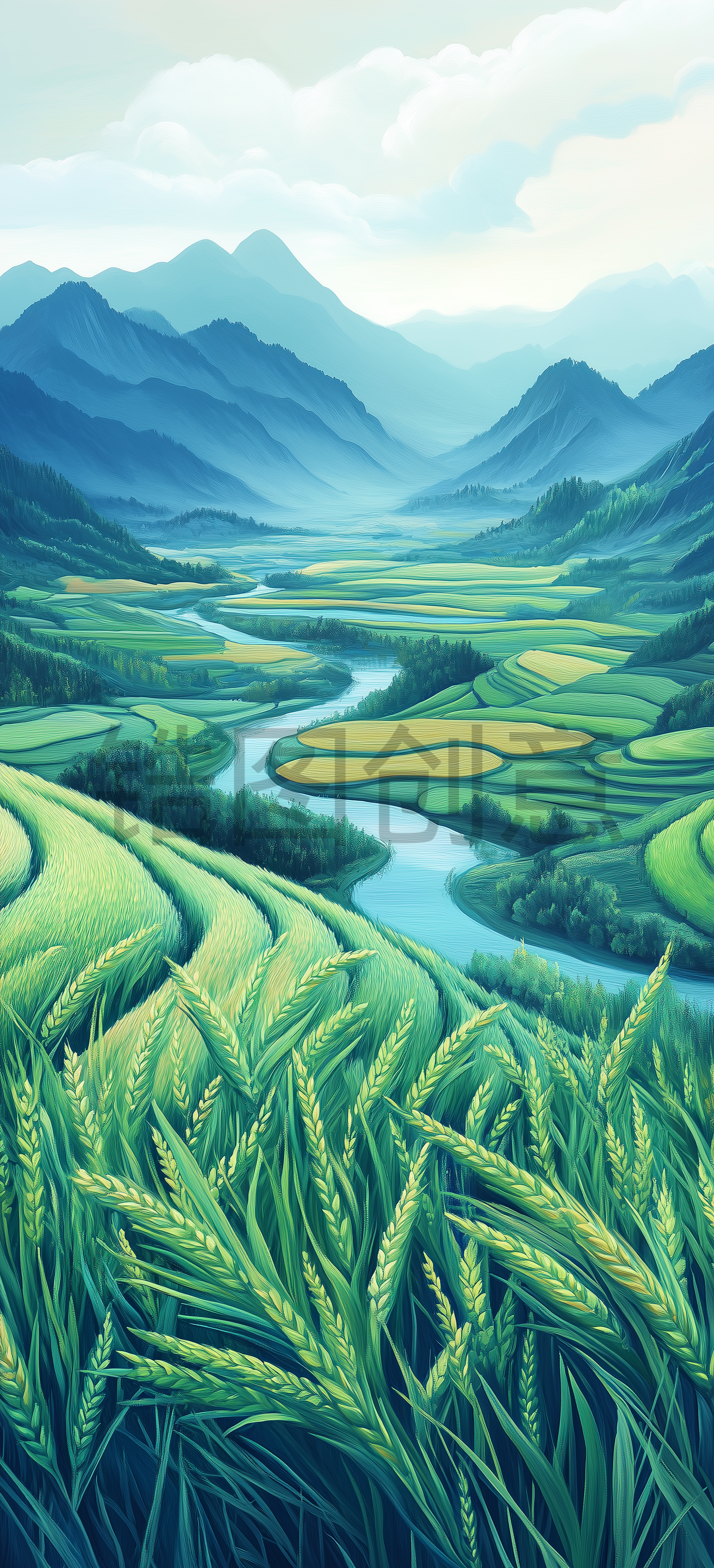 定设网-麦田麦穗自然风景油画水彩背景