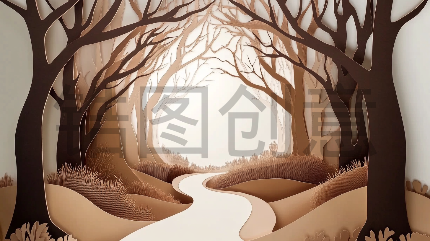 定设网-3D立体剪纸树林小路风景浮雕背景