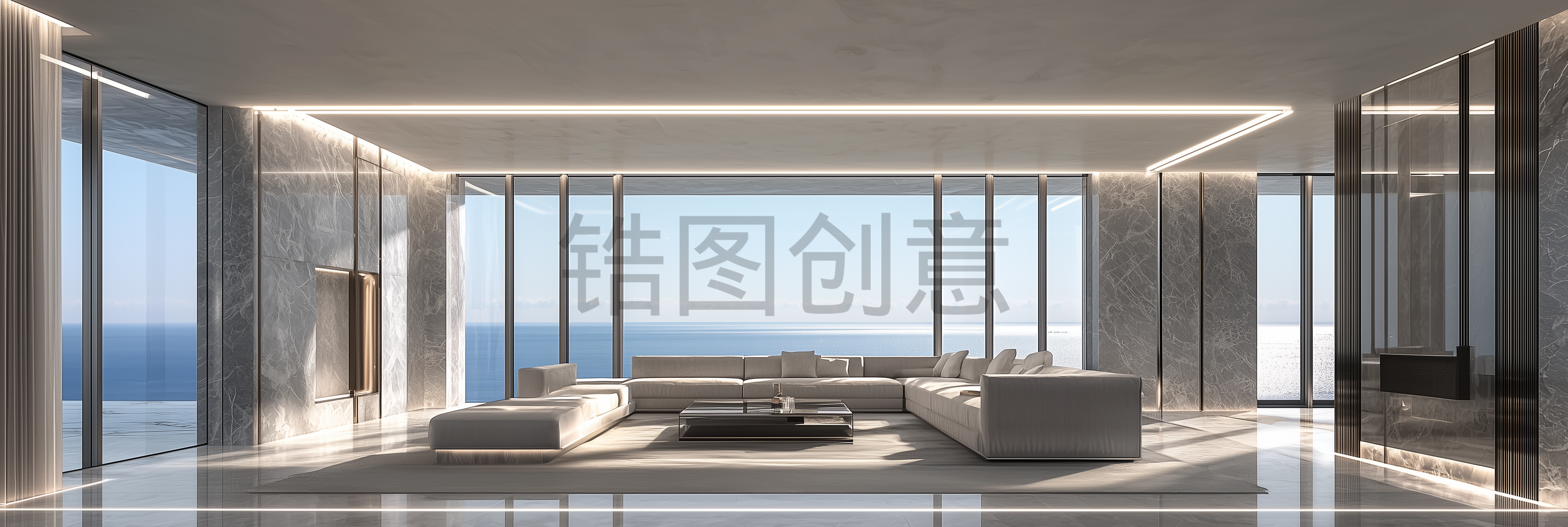 定设网-海景房现代极简主义竞阔客厅高端灰色背景