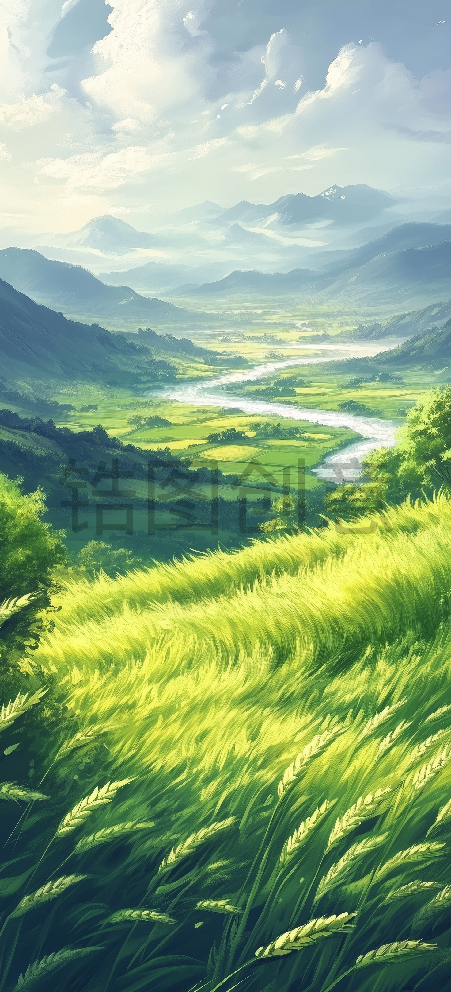 定设网-大自然植物绿色麦穗麦子油画水彩风格背景