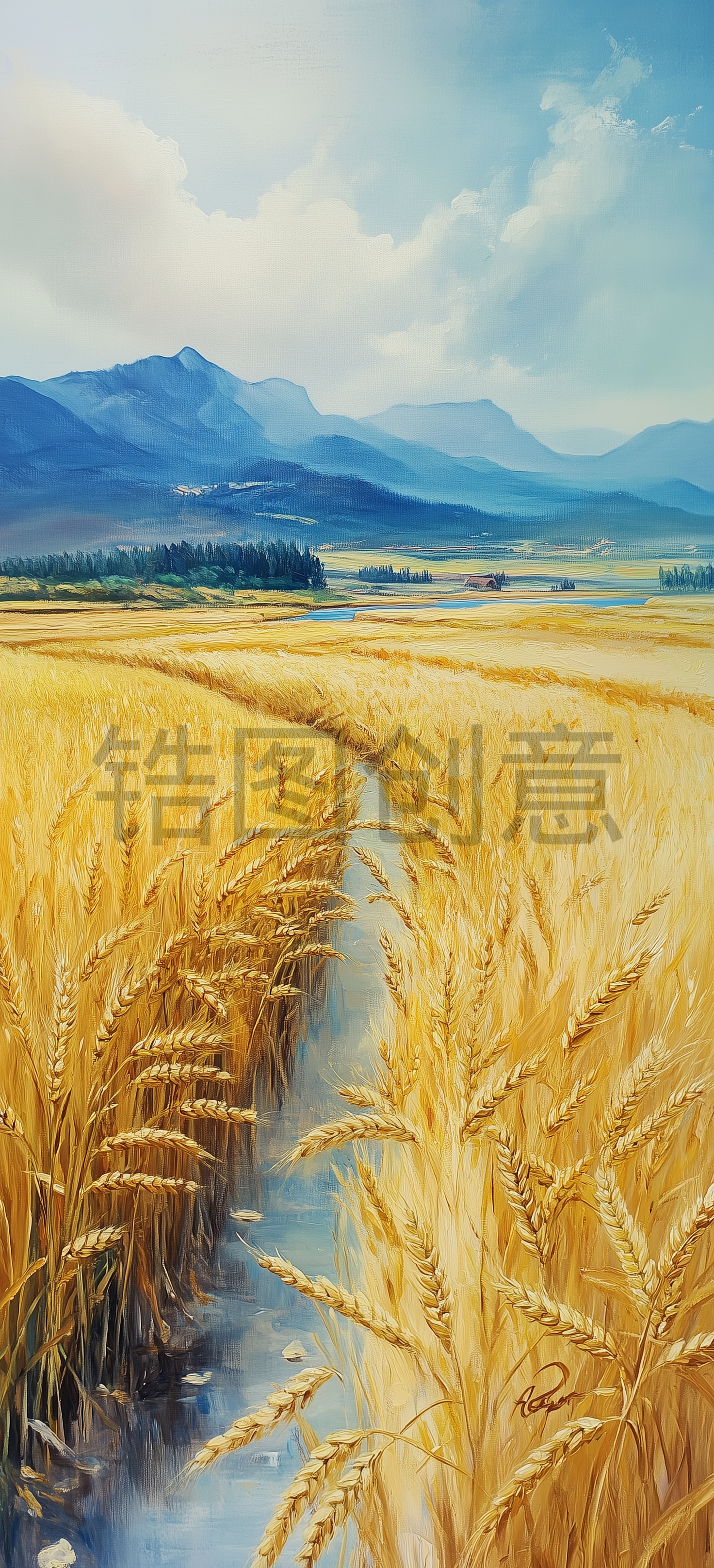 定设网-秋天麦田麦穗自然风景油画水彩背景