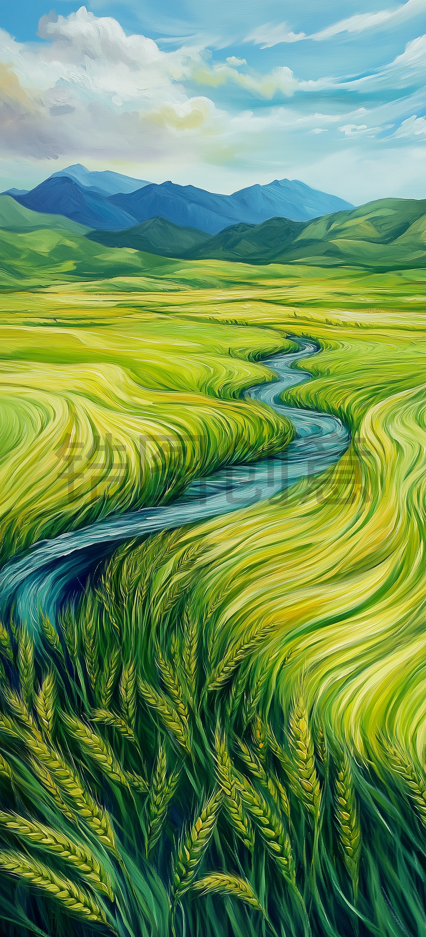 定设网-大自然植物绿色麦穗麦子油画水彩风格背景