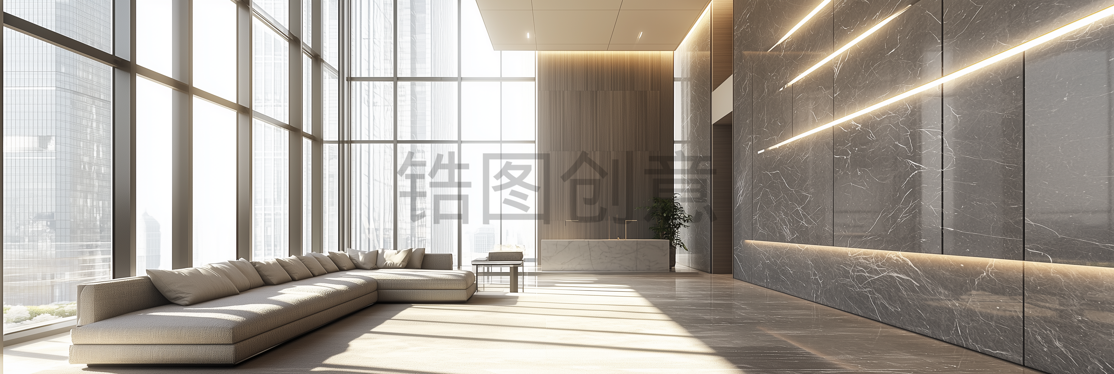 定设网-3d渲染城市中心现代极简主义竞阔豪华公寓前台客厅背景