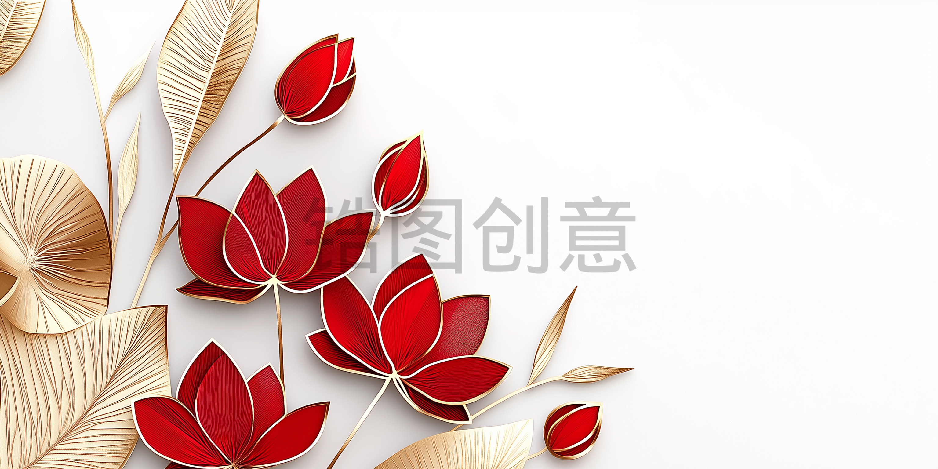 定设网-红色金色莲花叶剪纸艺术风格