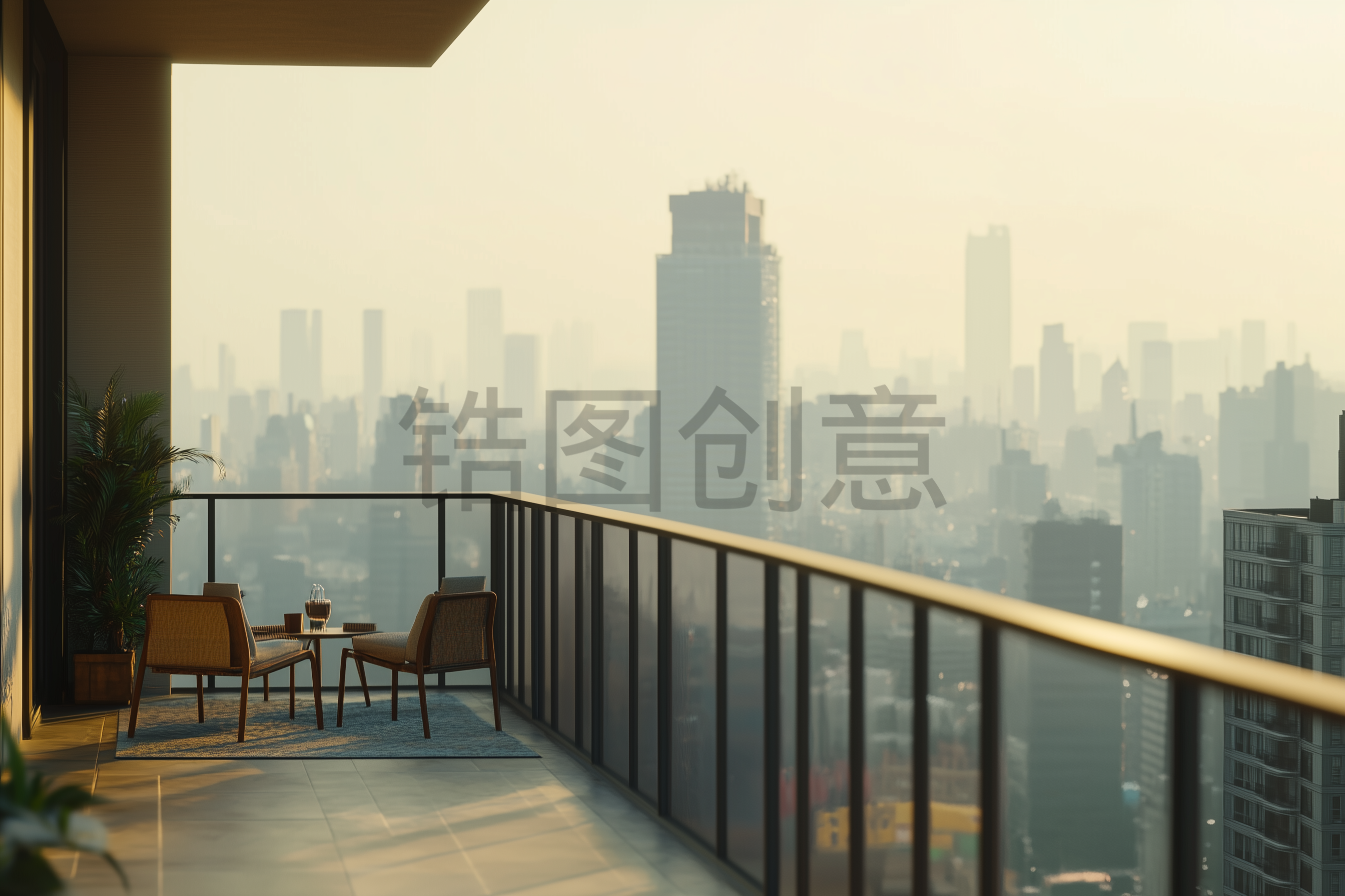 定设网-现代风格公寓露台大阳台城市风光写实场景