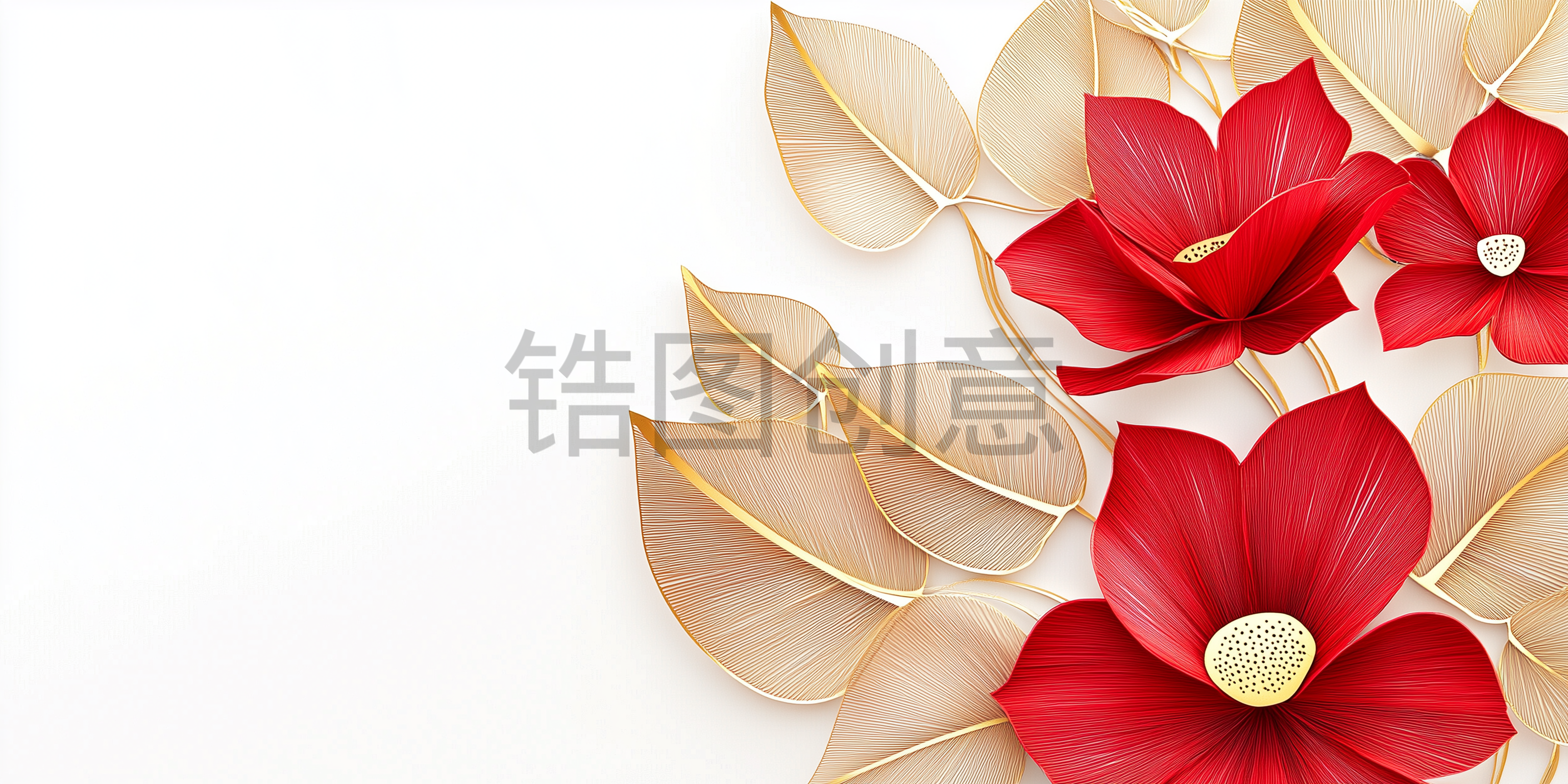 定设网-红色金色莲花叶剪纸艺术风格