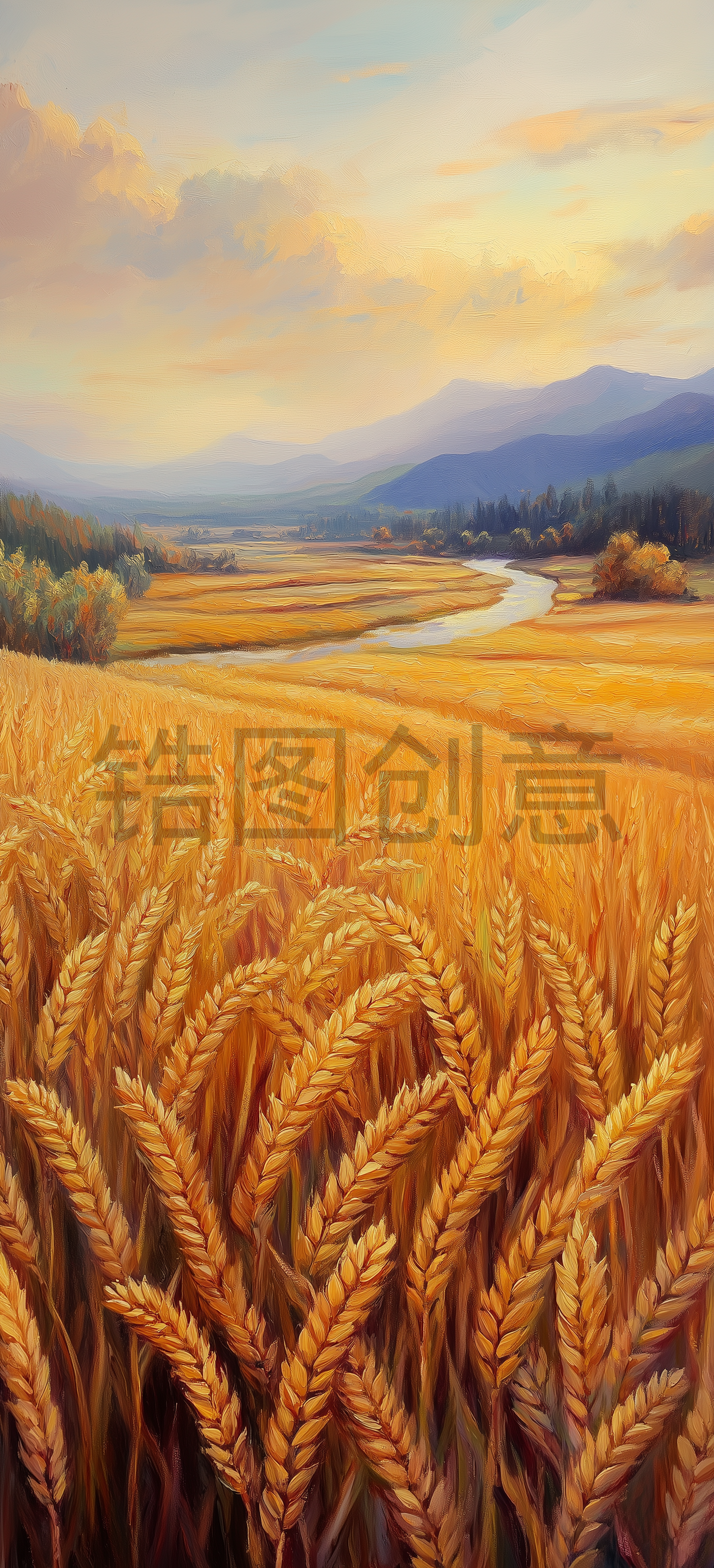 定设网-秋天金黄色麦田麦穗自然风景油画水彩背景