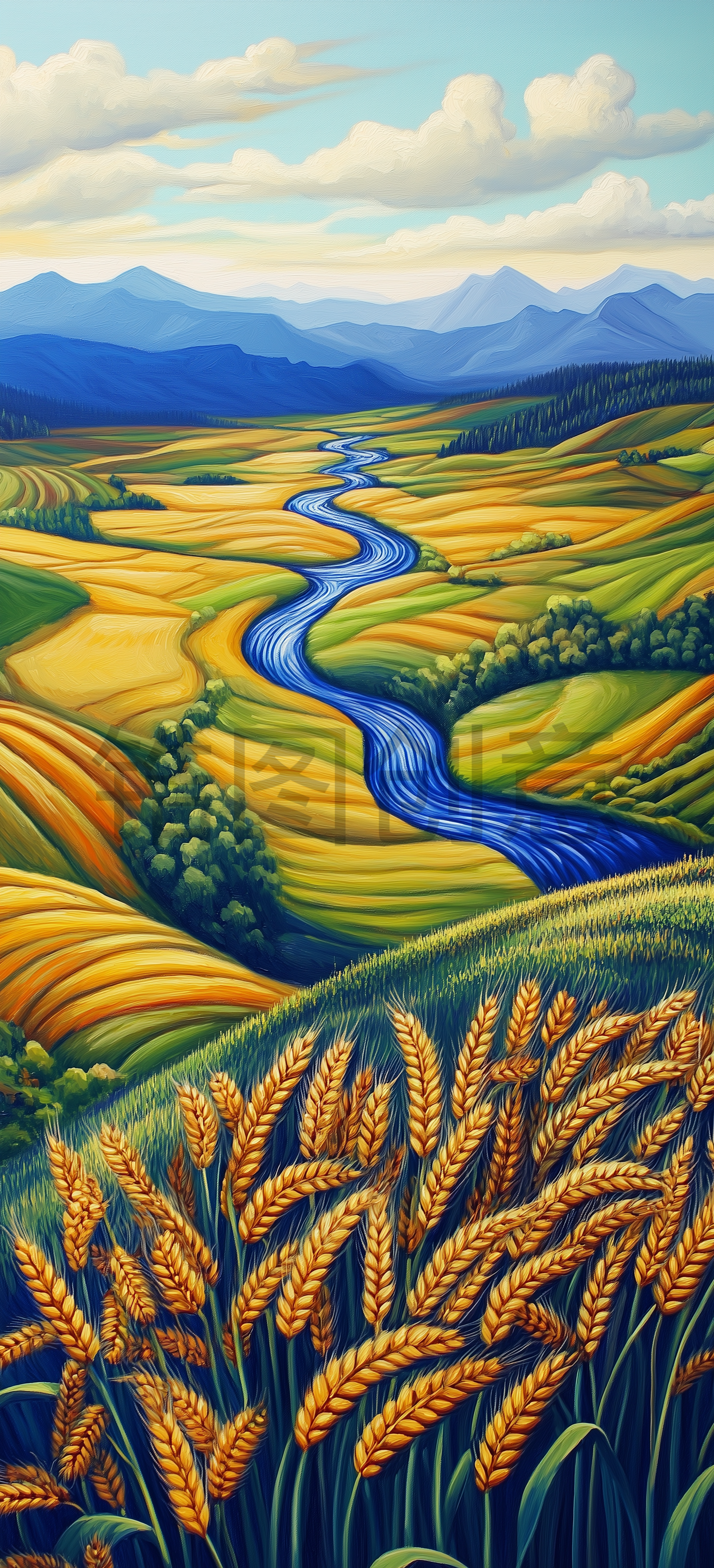 定设网-麦田麦穗自然风景油画水彩背景