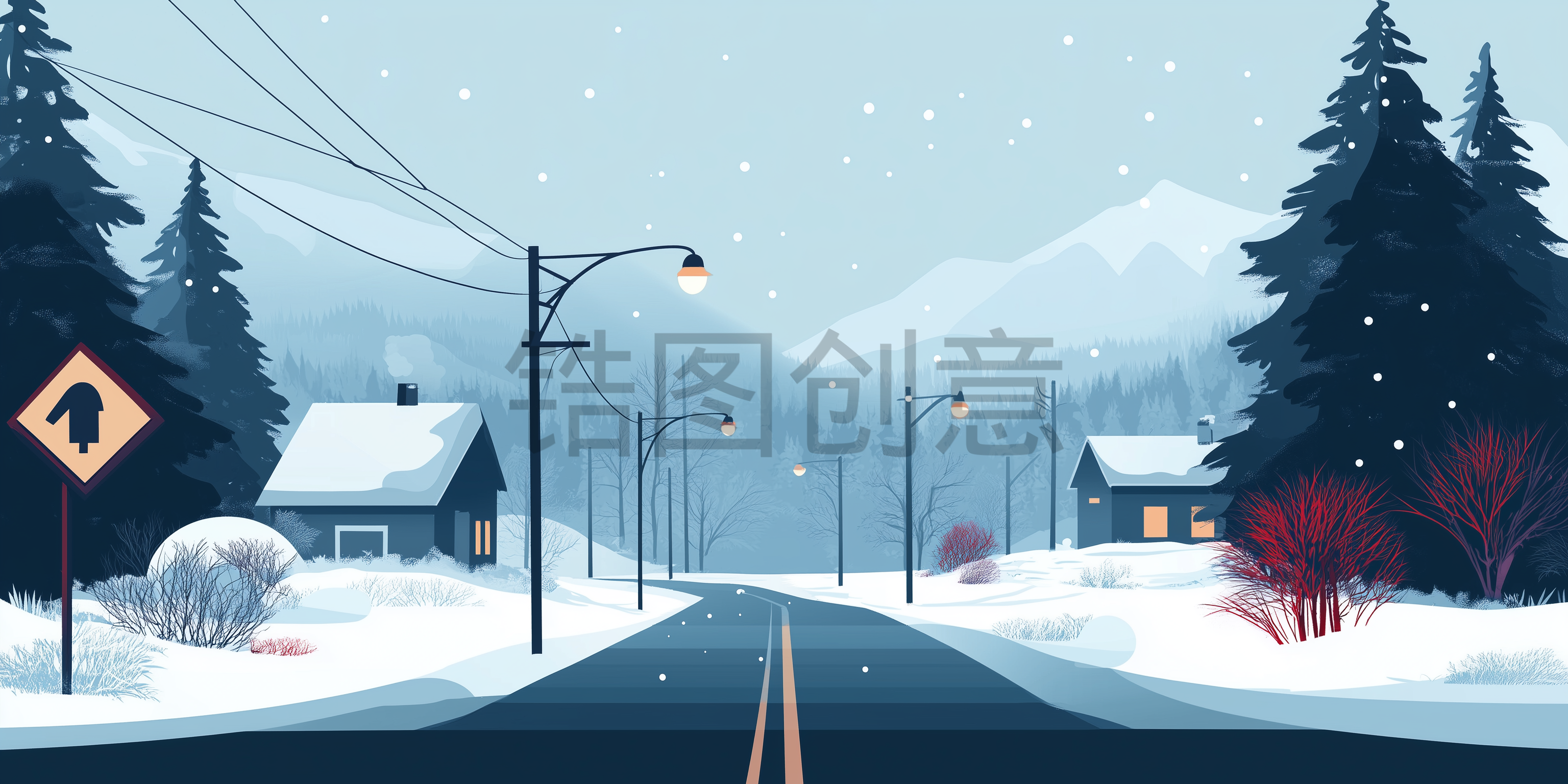 冬日冬天路边乡村自然风景插画