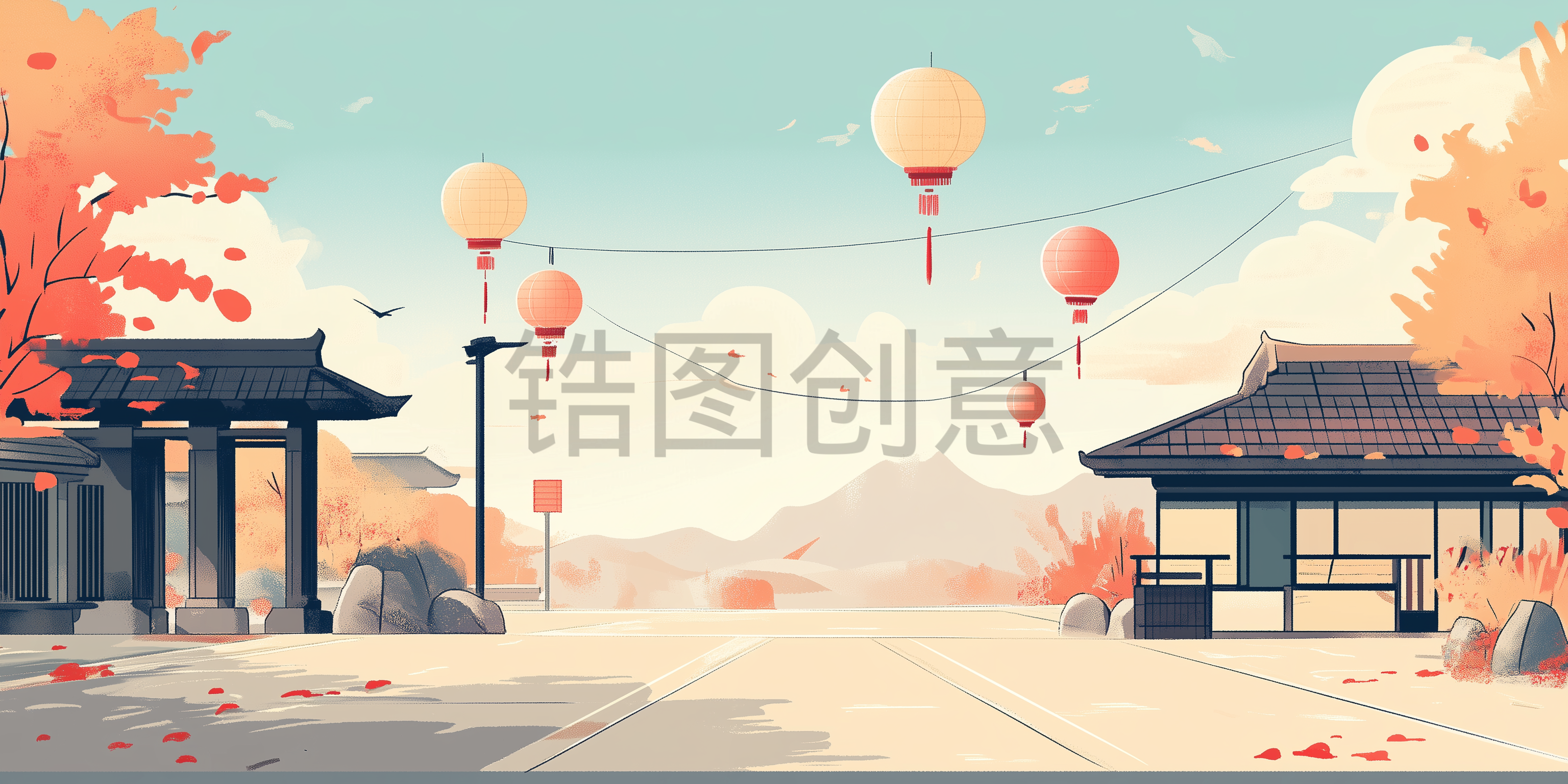 日式风格乡村景观插画背景
