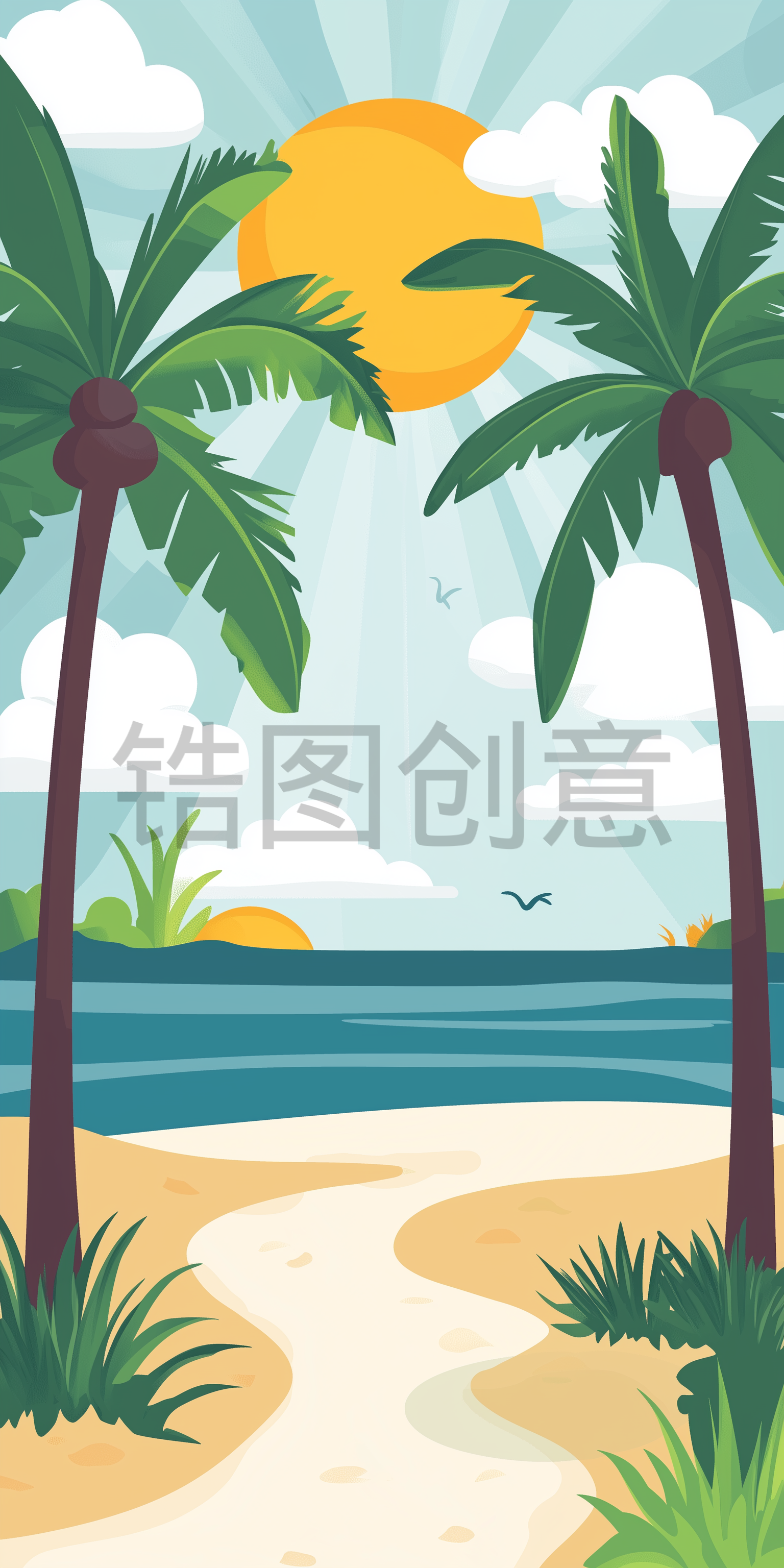 夏季蓝天海边大海椰树自然景观扁平插图