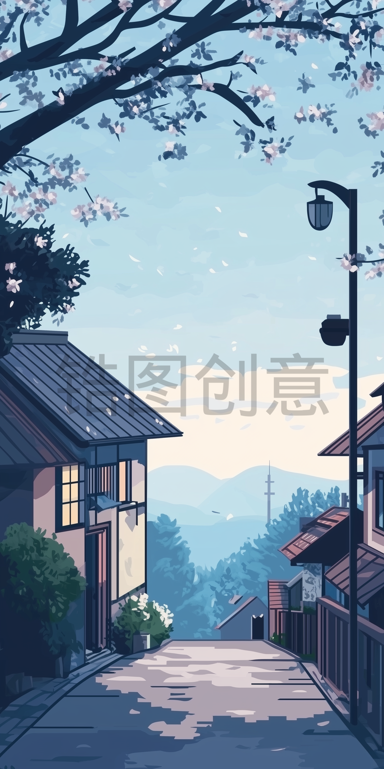 日式风格乡村景观插画背景