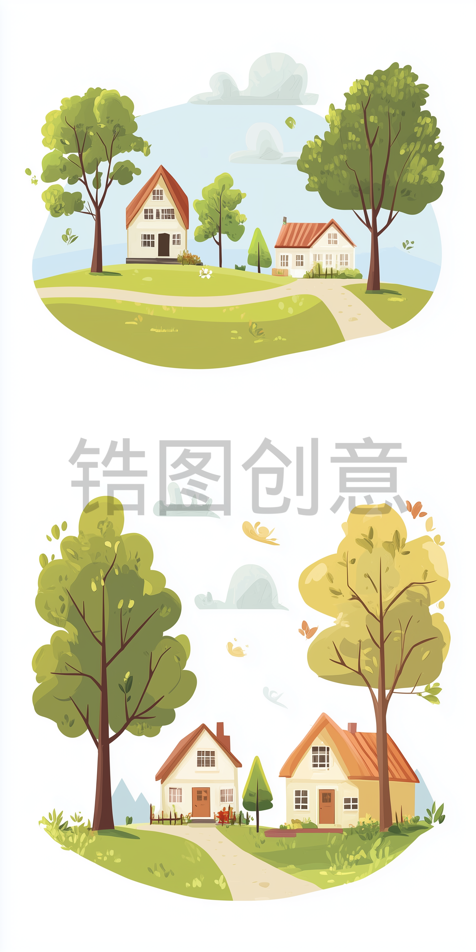 田园景象美丽乡村风光简约卡通扁平插画