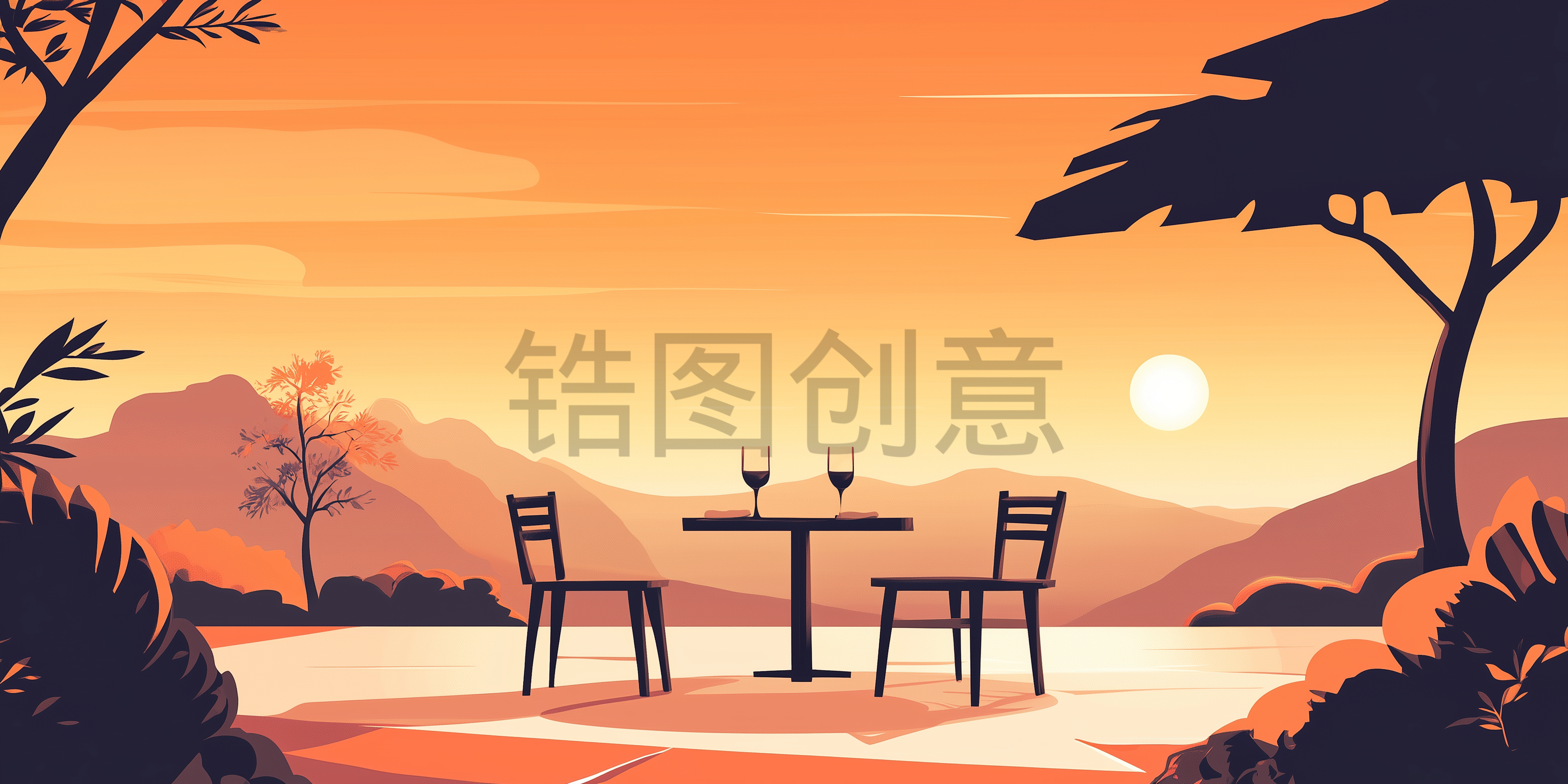 卡通户外山野山脉森林树木日落自然风景