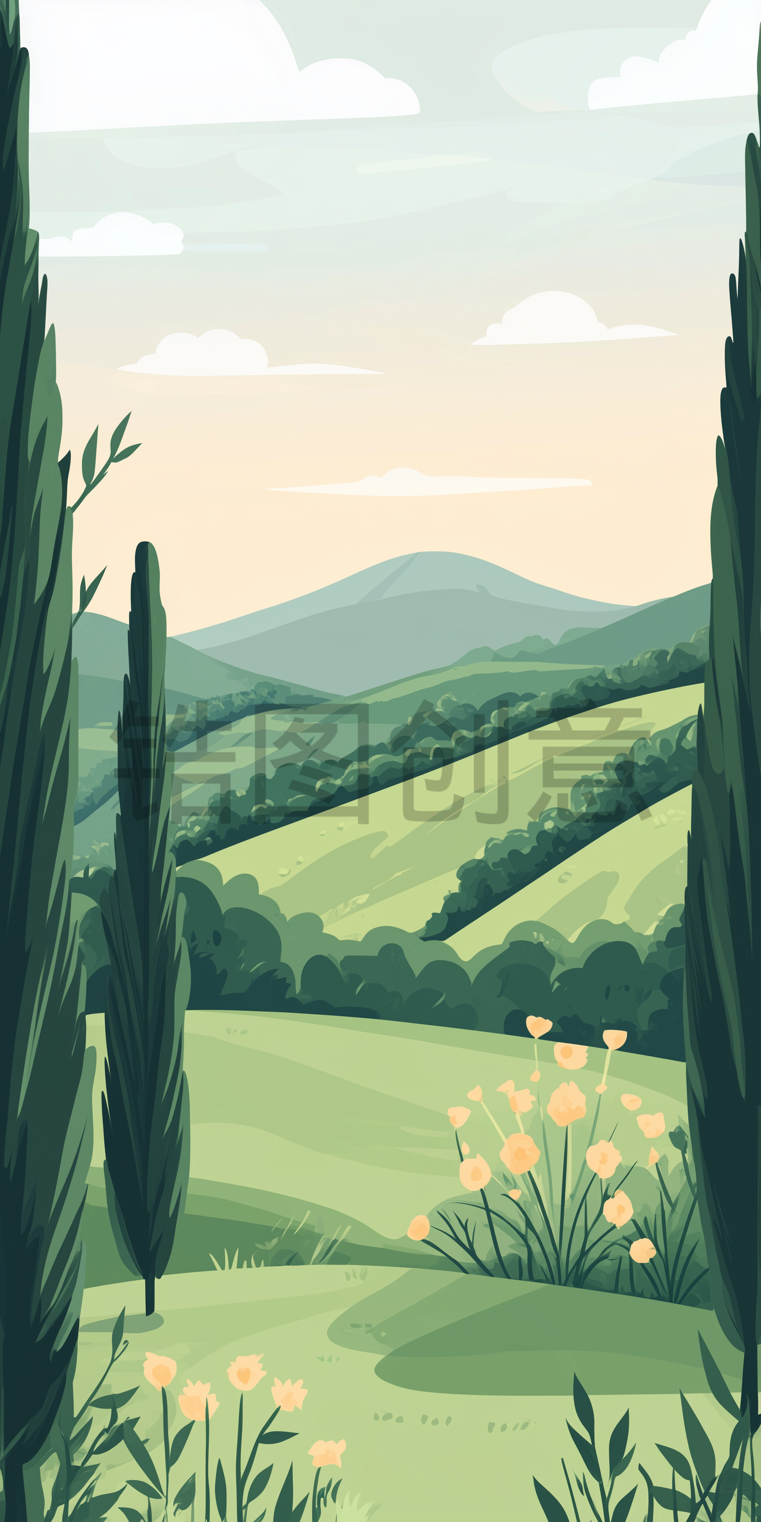 数字艺术卡通春天田园山坡山丘风景插画背景
