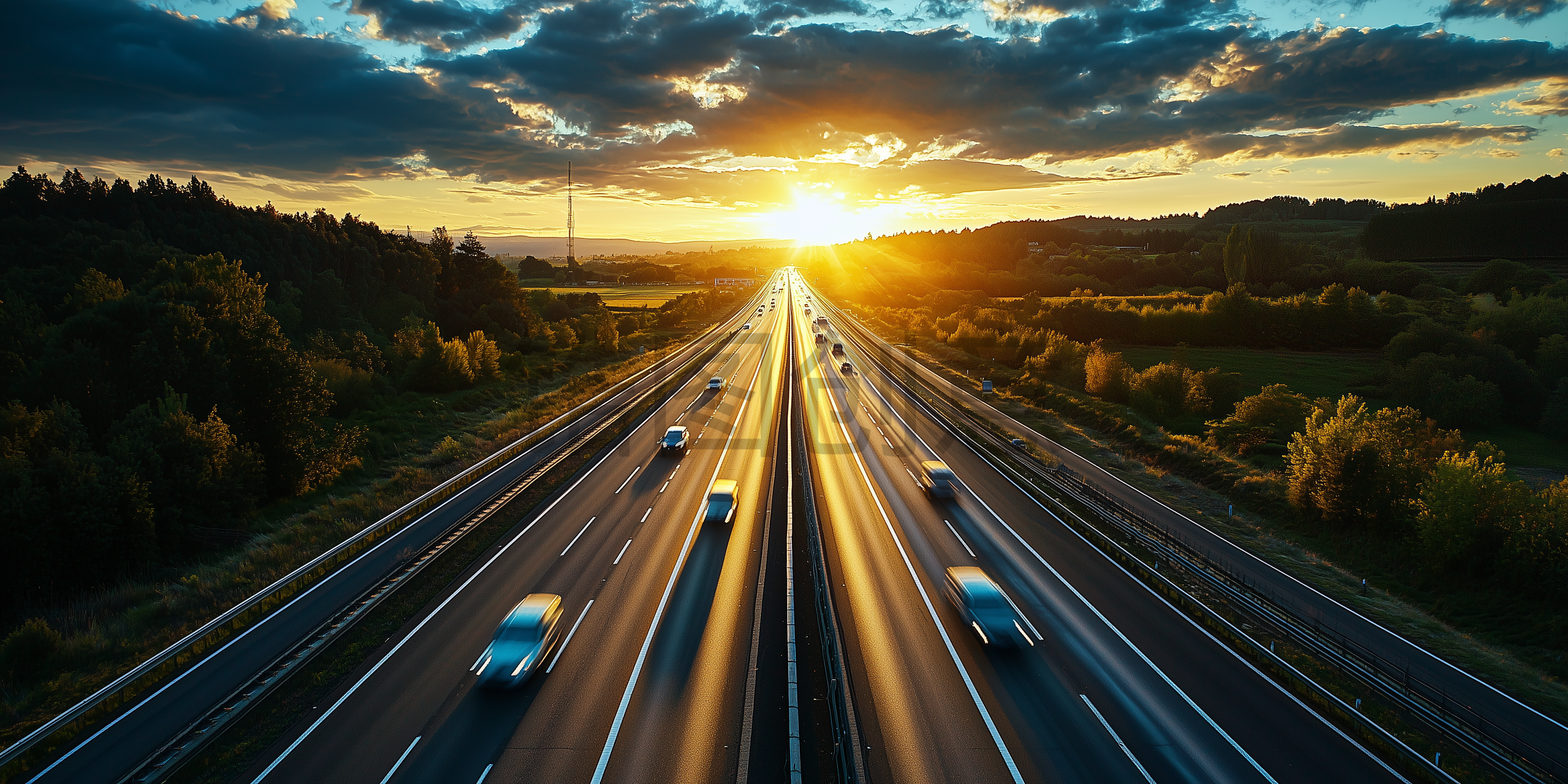 夕阳下市道路公路行驶的汽车交通互通枢纽素材