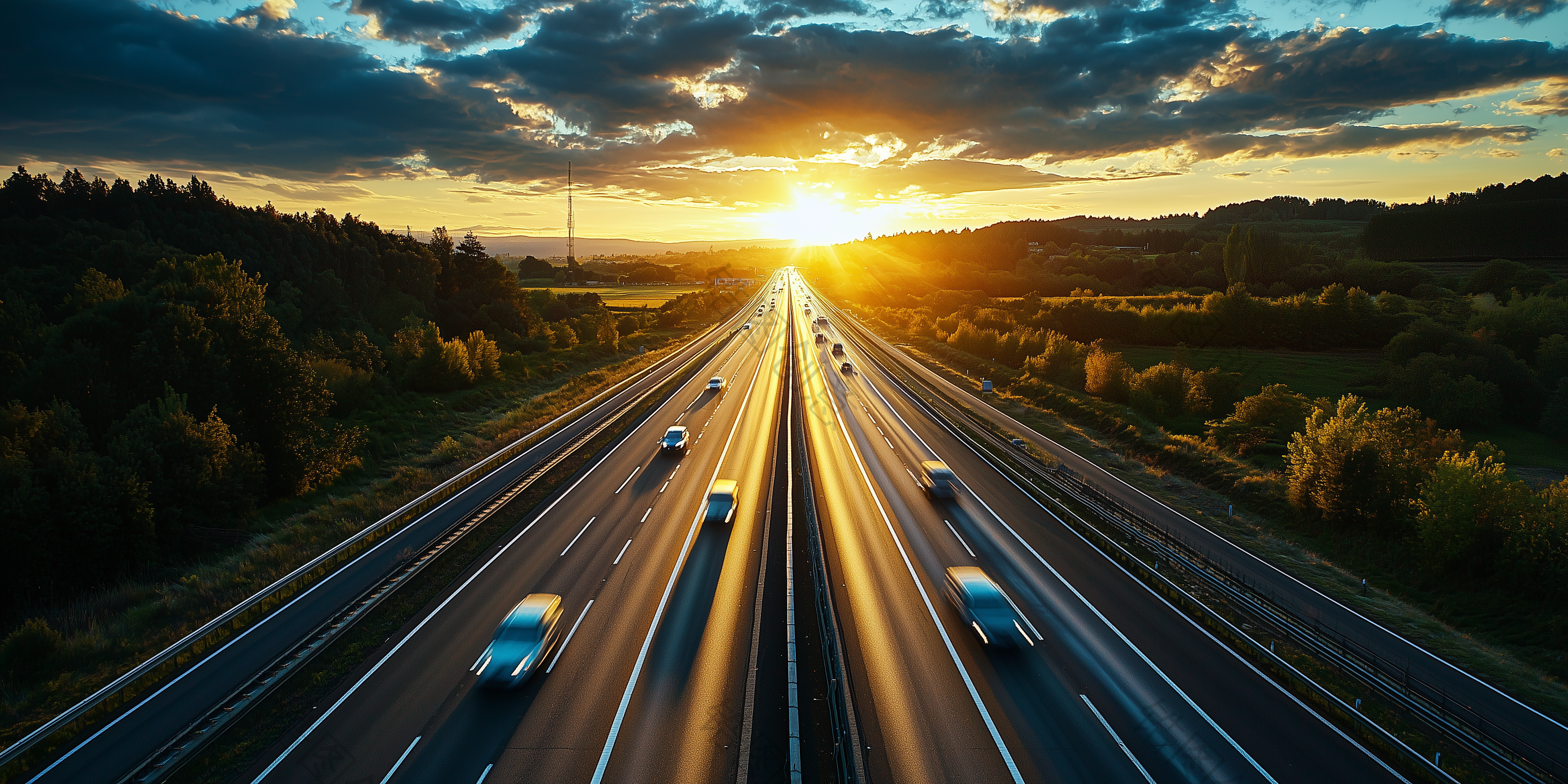 夕阳下市道路公路行驶的汽车交通互通枢纽素材