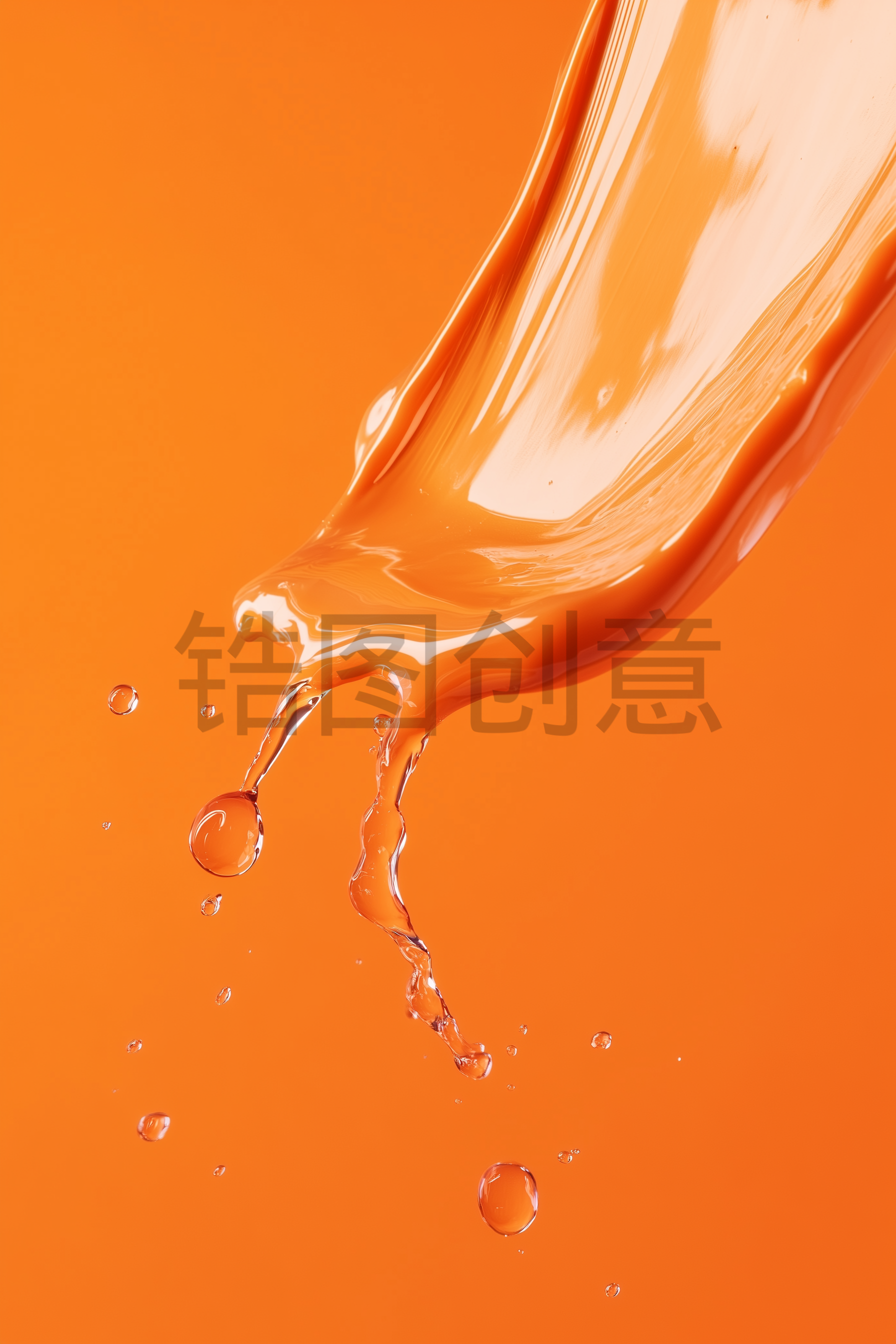 橙色液体化妆美妆飞溅泼洒与水滴抽象风格背景