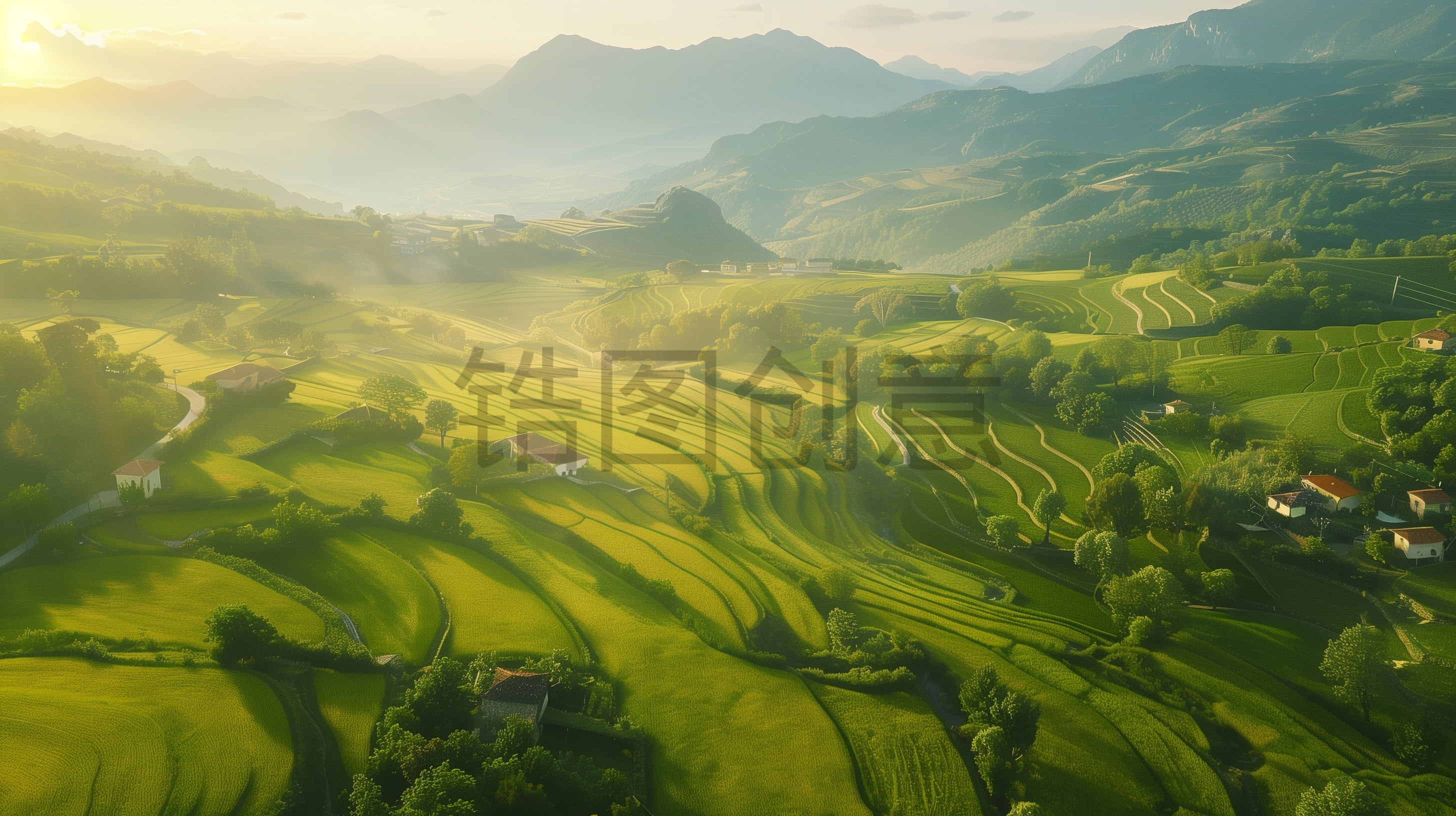 自然风光乡村绿色稻田山川空中航拍视图素材