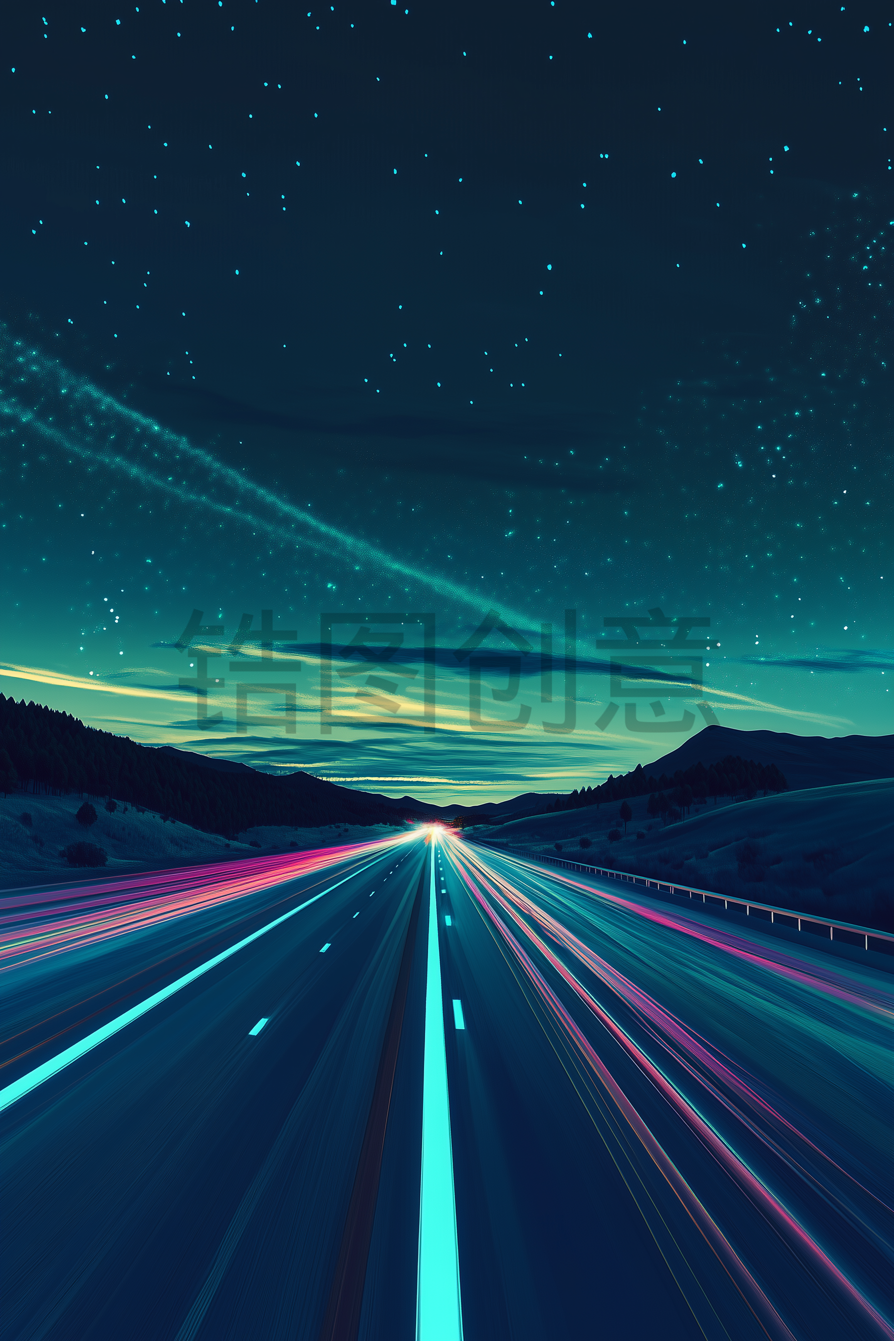 夜景道路公路行驶汽车灯光风景插画背景