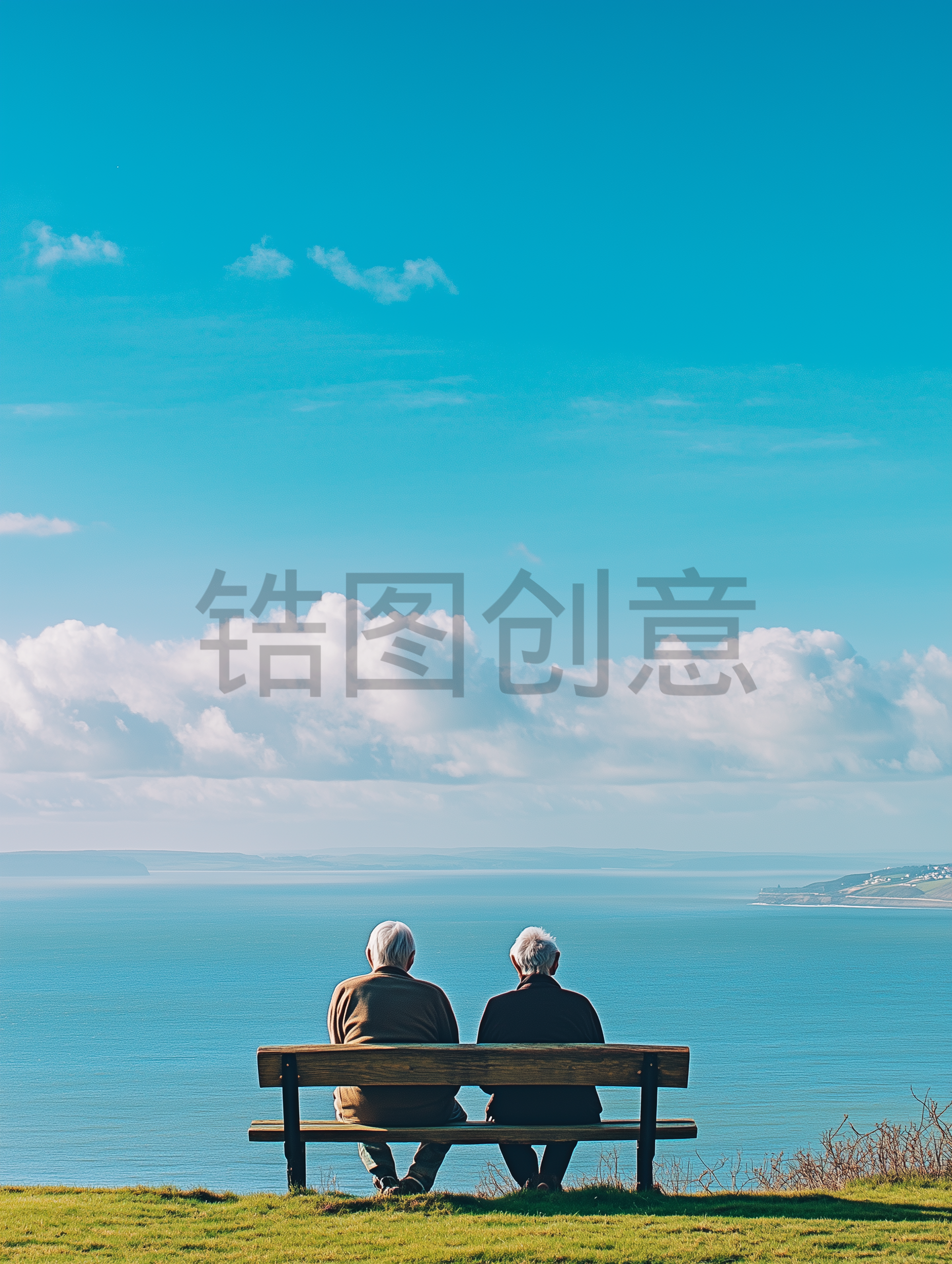户外海边公园老朋友长椅看海宁静水平画幅背影照片