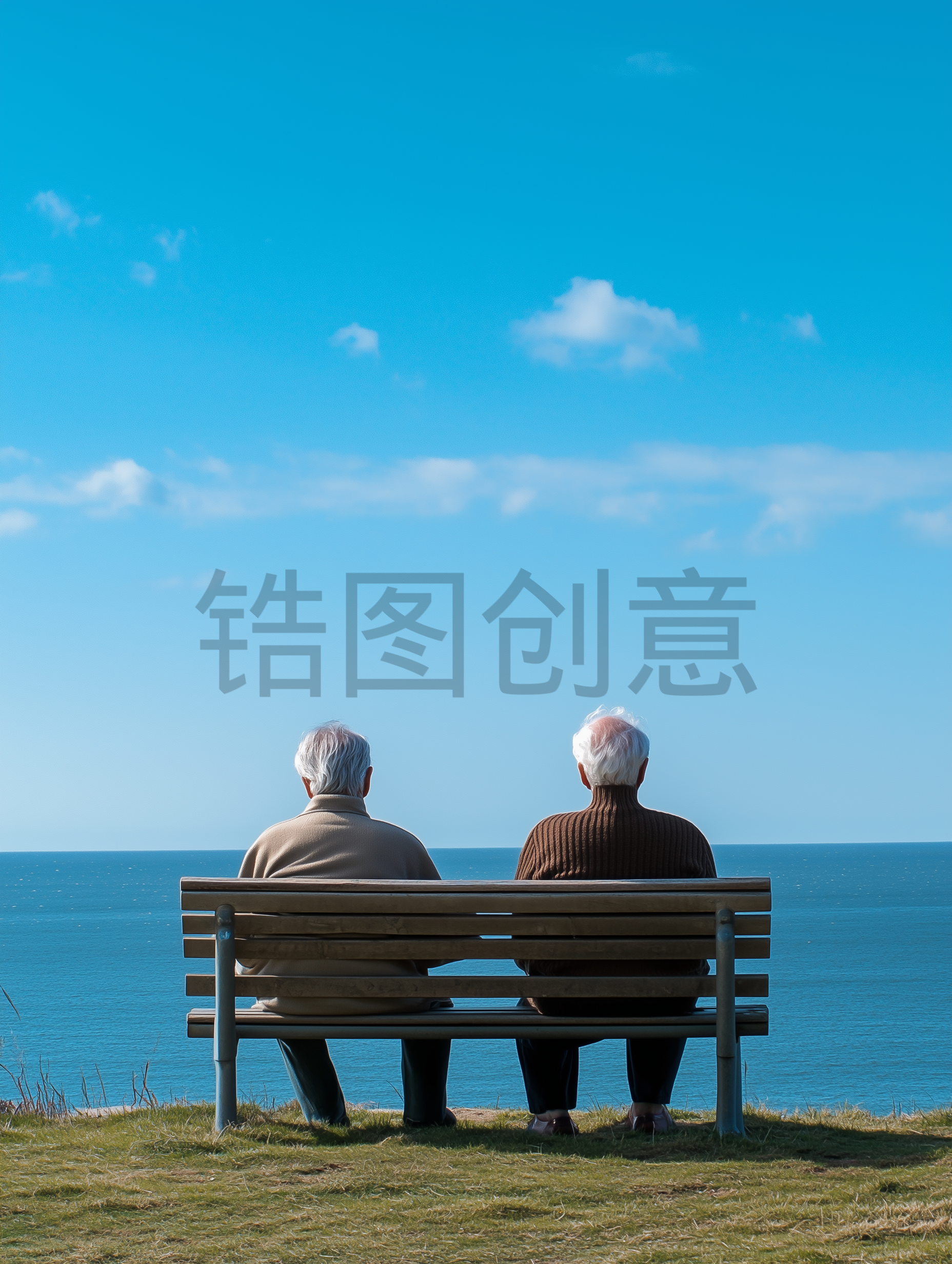 户外海边公园老朋友长椅看海宁静水平画幅背影照片